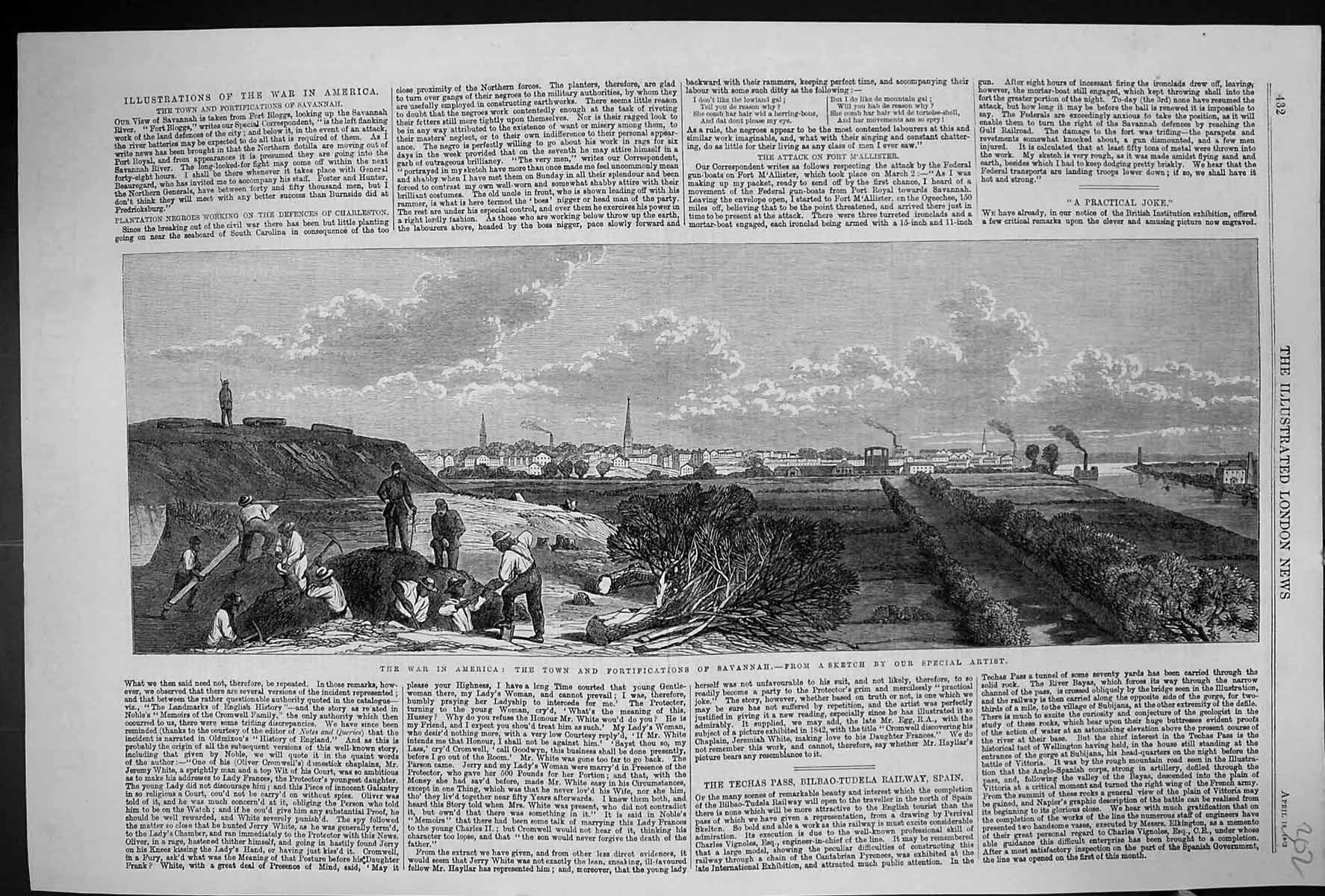 Original Old Antique Print 1863 War America View Town Fortifications Savannah