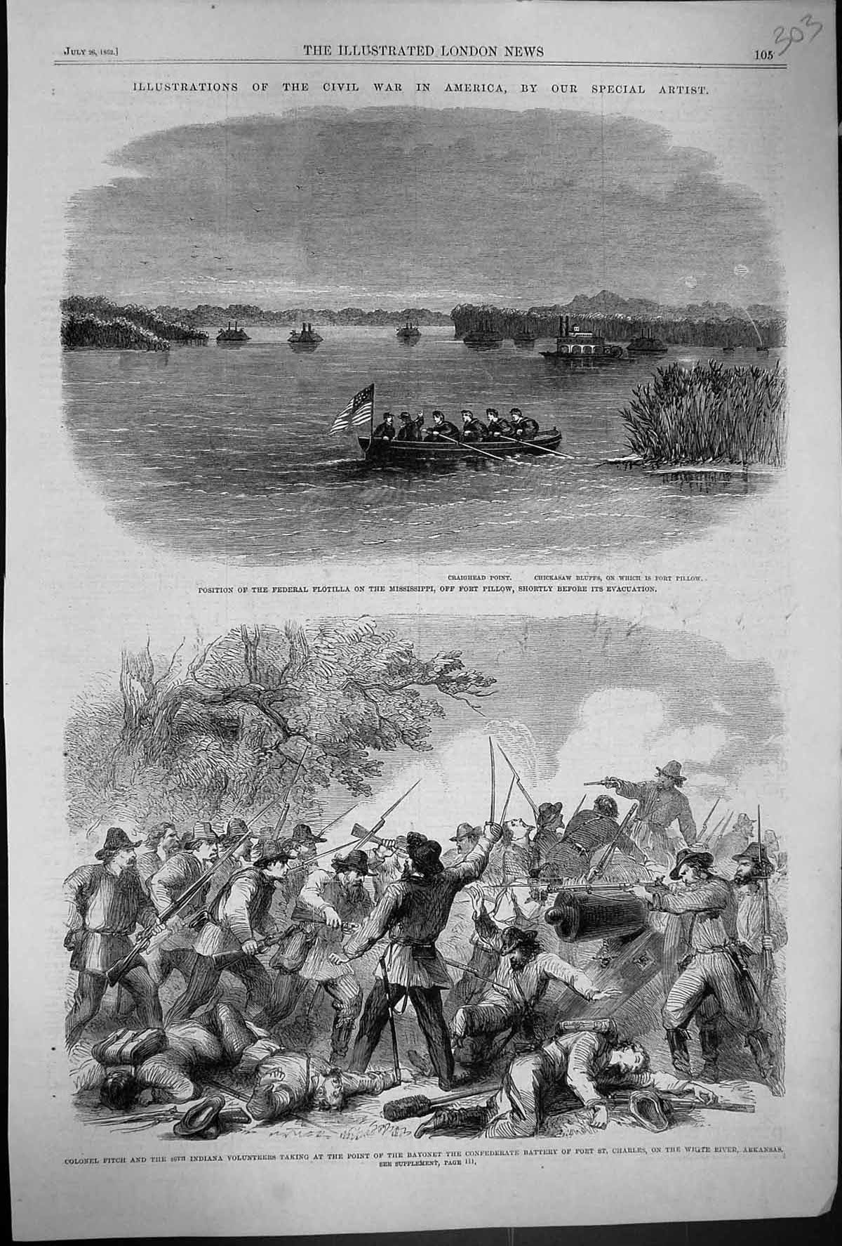 Old 1862 Civil War America Federal Flotilla Mississippi Fort Pillow F Victorian