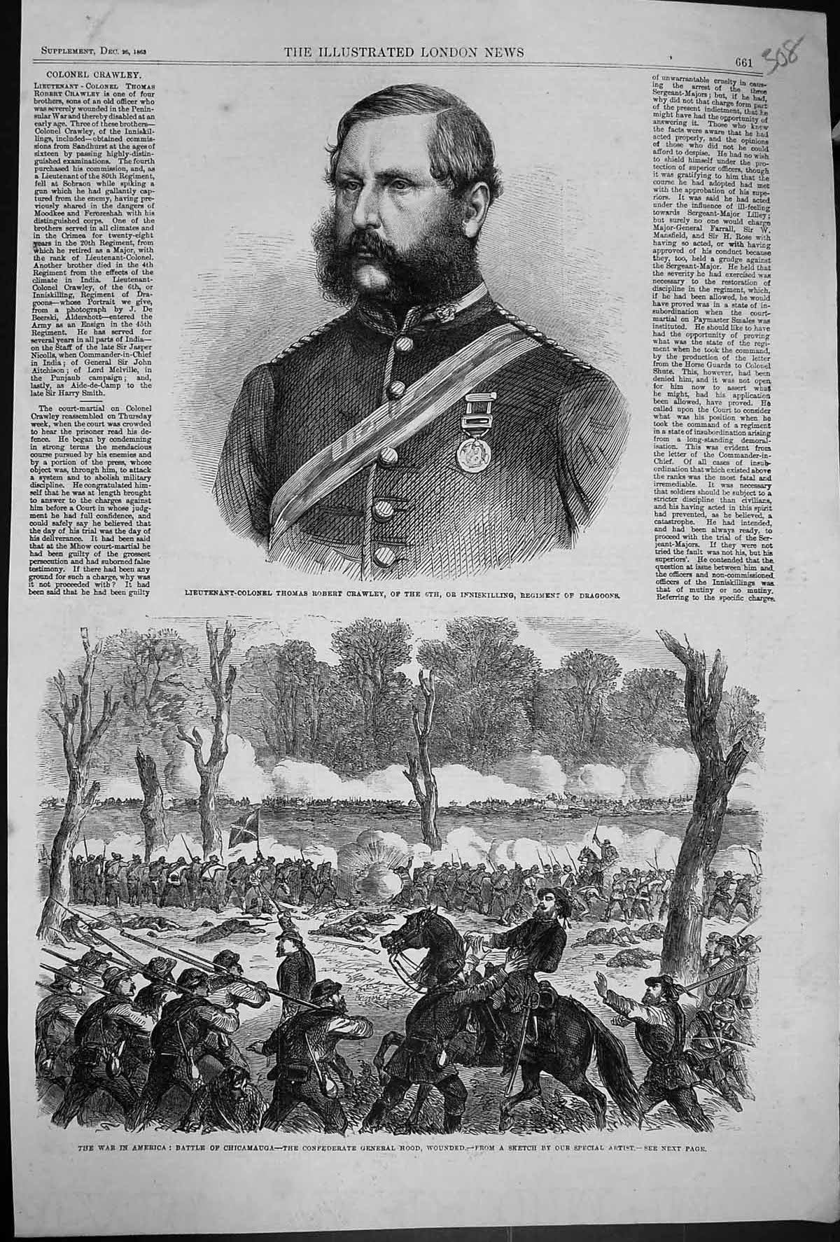 Old 1863 Lieutenant-Colonel Thomas Robert Crawley War America Battle Victorian