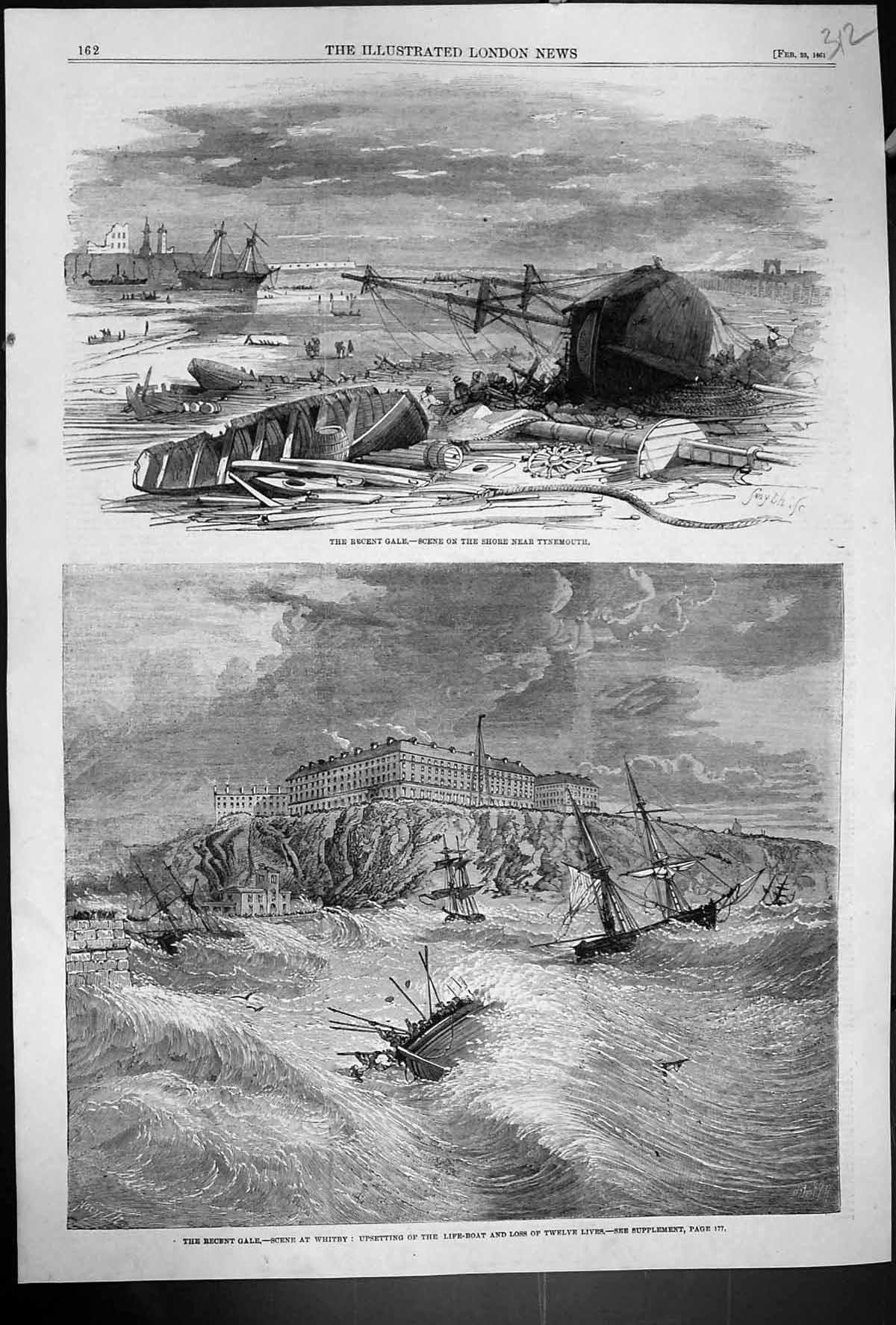 Old 1861 Scene Shore Storm Tynemouth Whitby Life-Boat Ship Rescue Eng Victorian