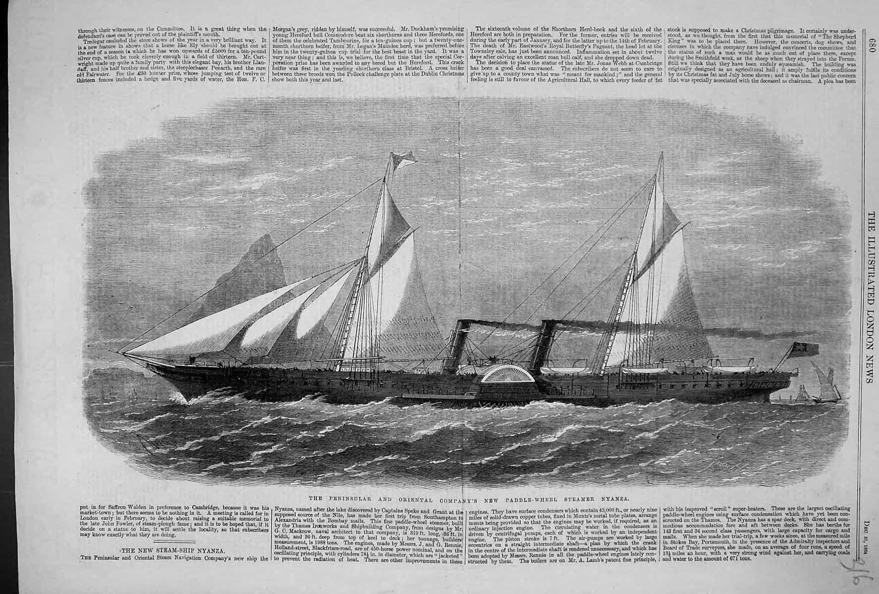 Old 1864 Peninsular Oriental Company Paddle-Wheel Steamer Ship Nyanza Victorian