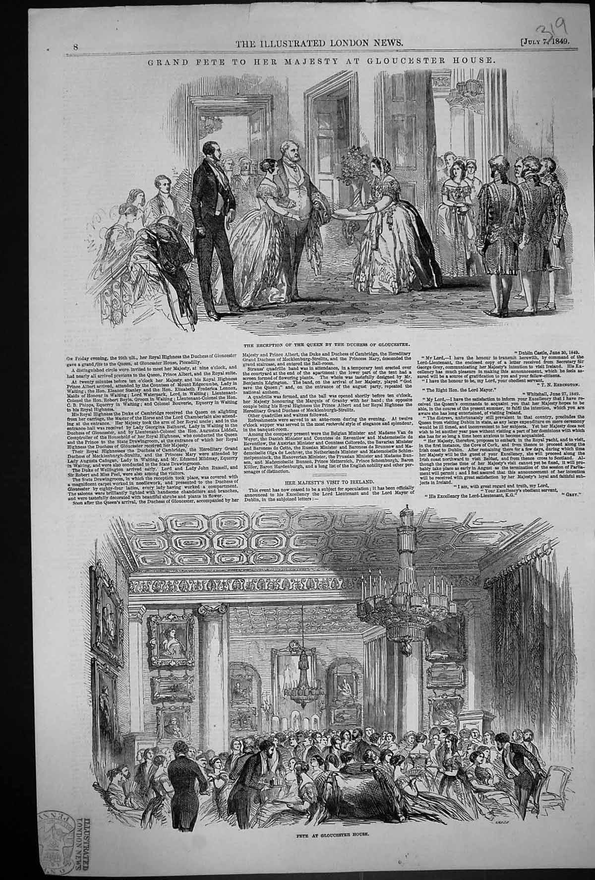 Antique Old Print 1849 Fete Reception Majesty Queen Duchess Gloucester House