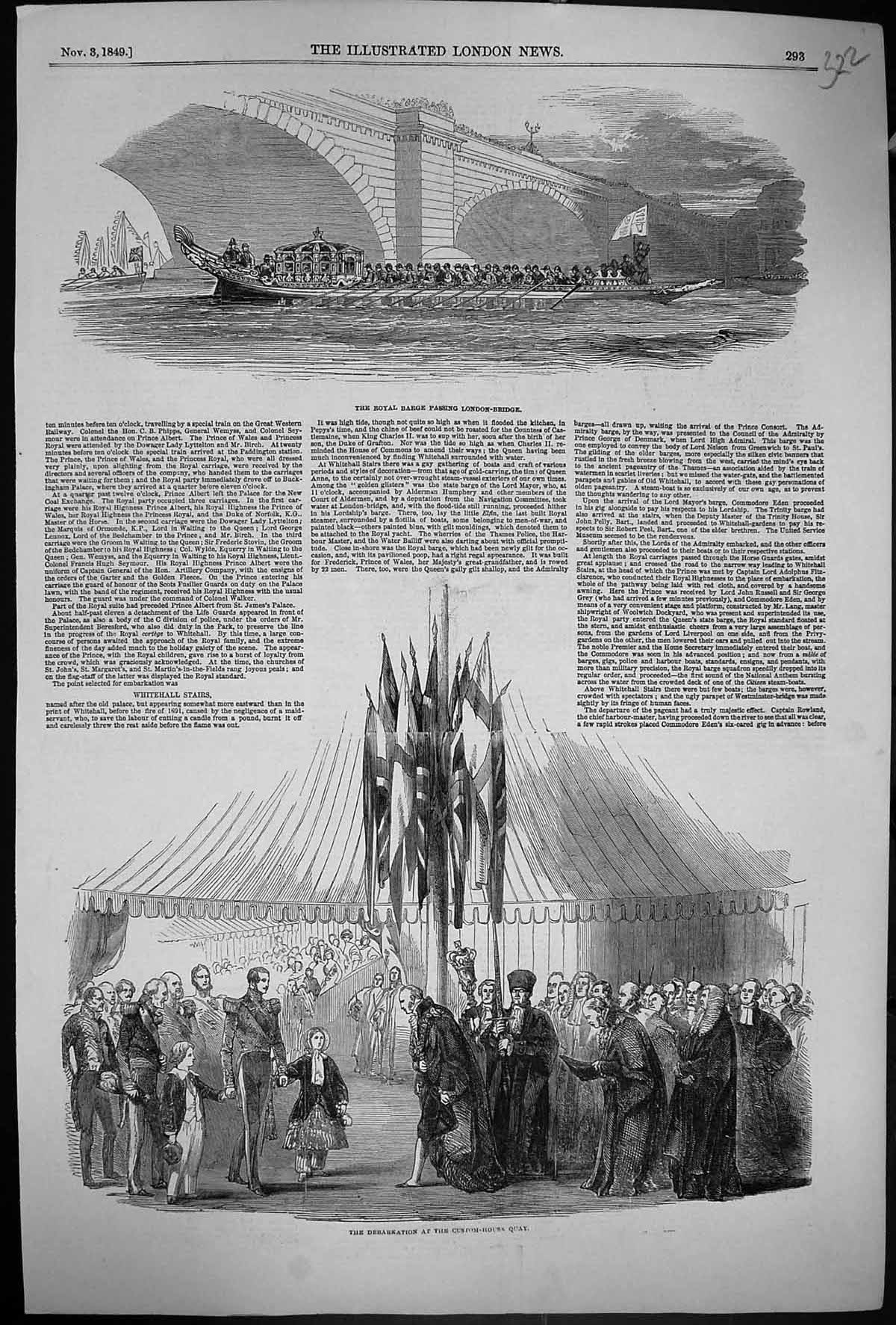 Old 1849 Royal Barge London Bridge Thames Debarkation Custom-House Qu Victorian