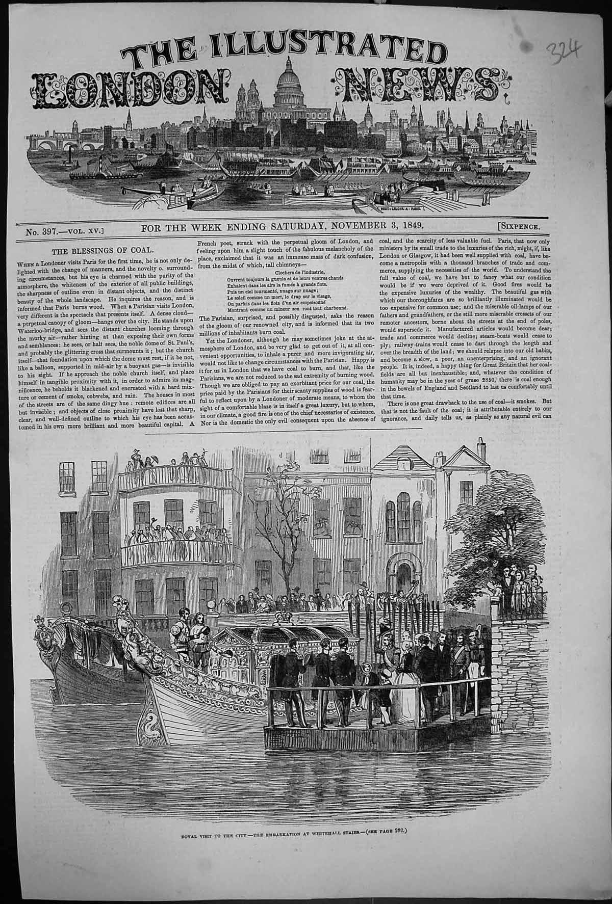 Antique Print 1849 Royal Visit City Embarkation Whitehall Stairs River Boat