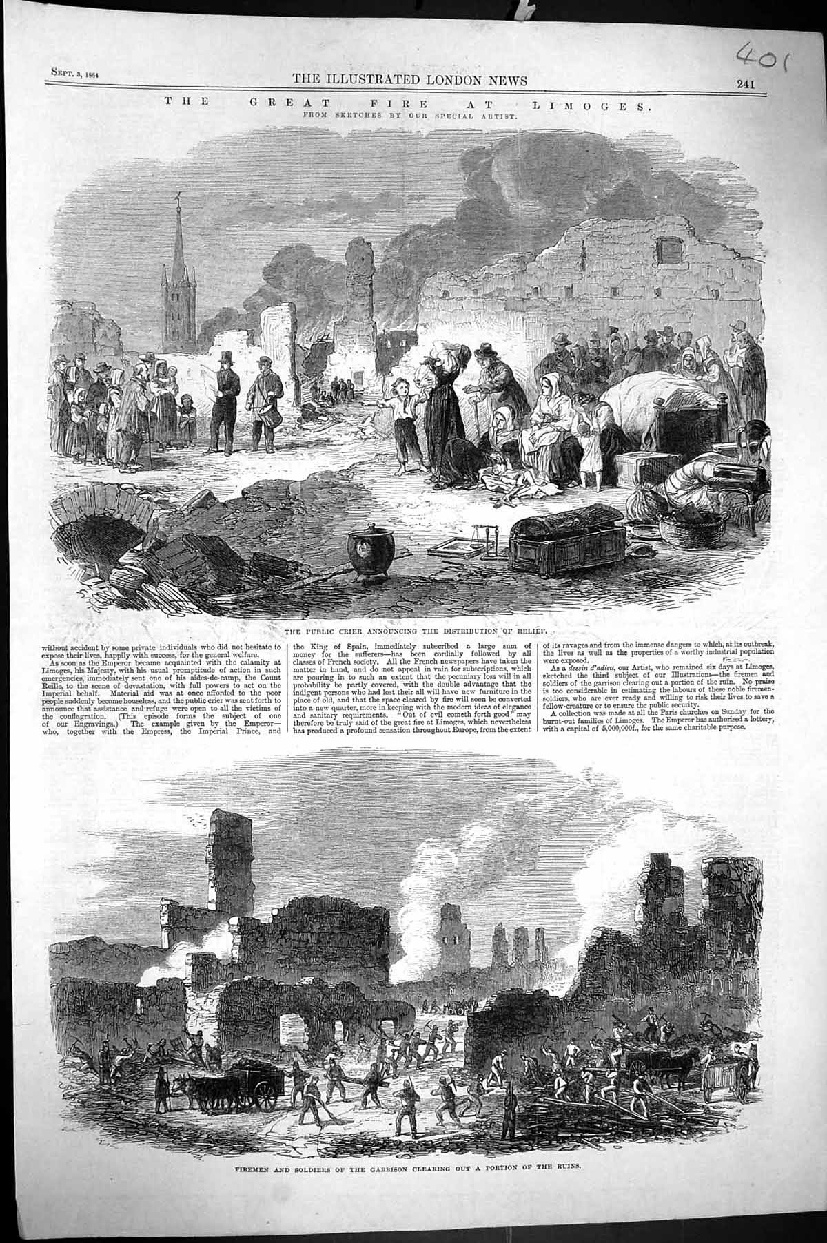Old Print 1864 Great Fire Limoges Firemen Siers Buildings Ruins Public C 19th