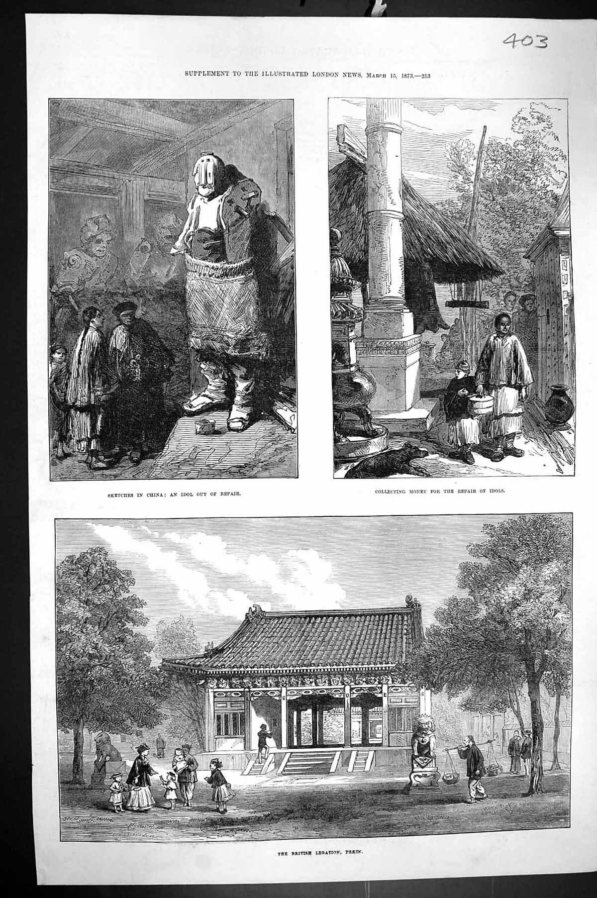 Old Print 1873 China British Legation Pekin Collecting Money Repair Idol 19th