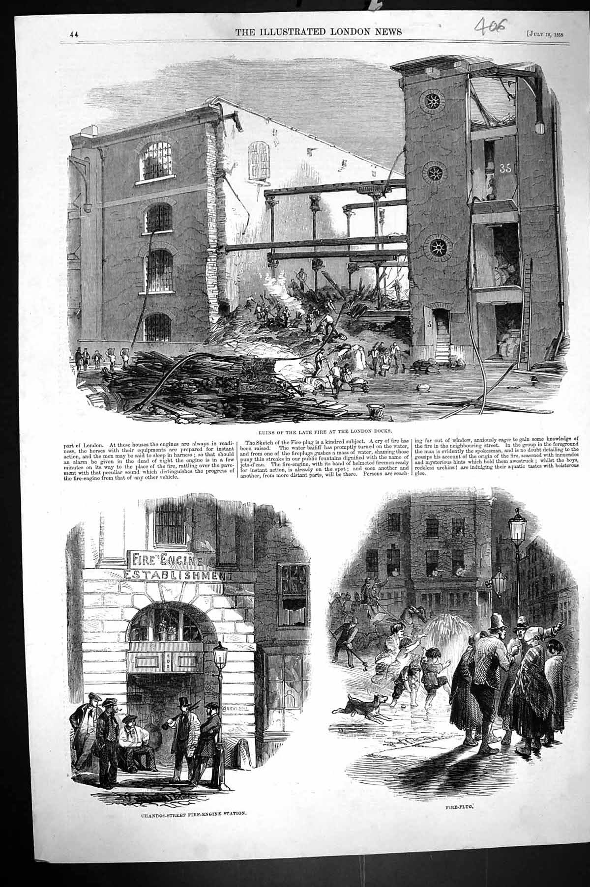 Old 1858 Ruins Late Fire London Docks Chandos Fire-Engine Station Fir Victorian