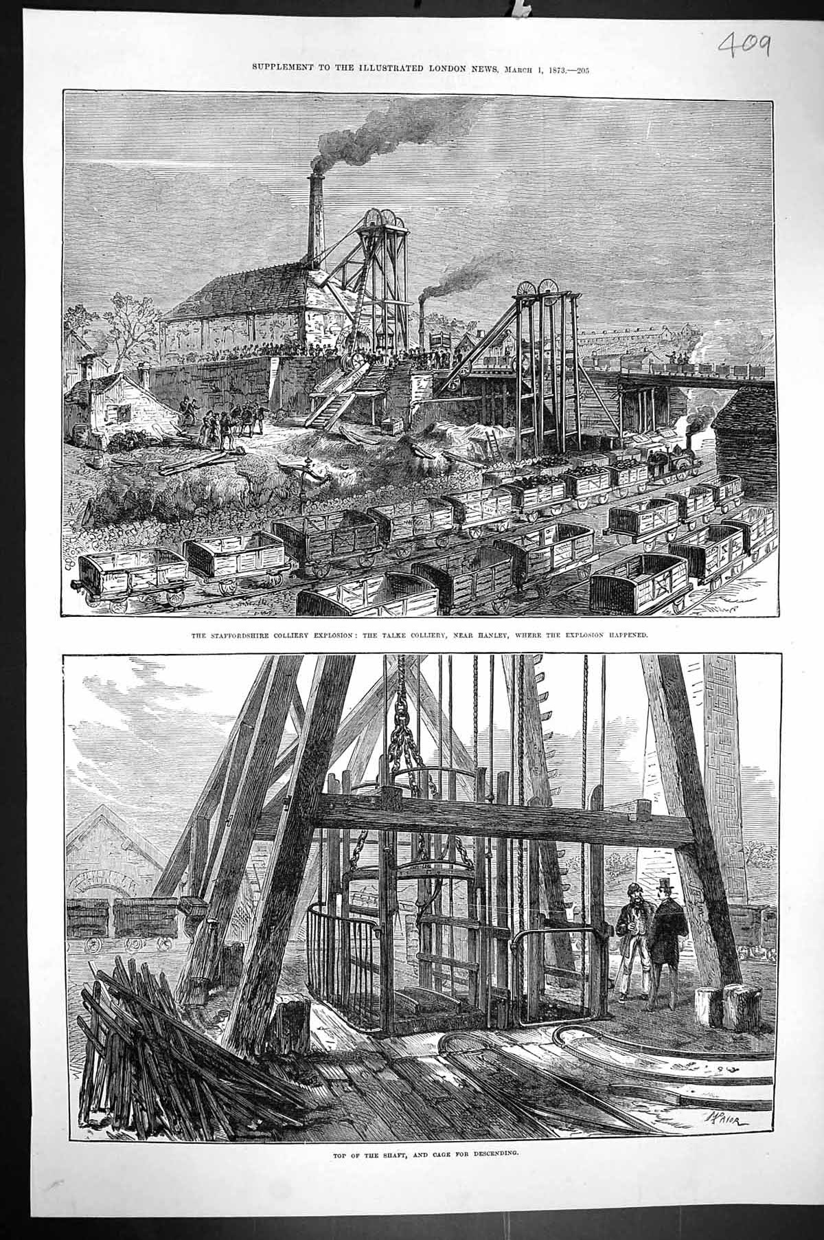 Old 1873 Staffordshire Colliery Explosion Talke Hanley Shaft Cage Min Victorian