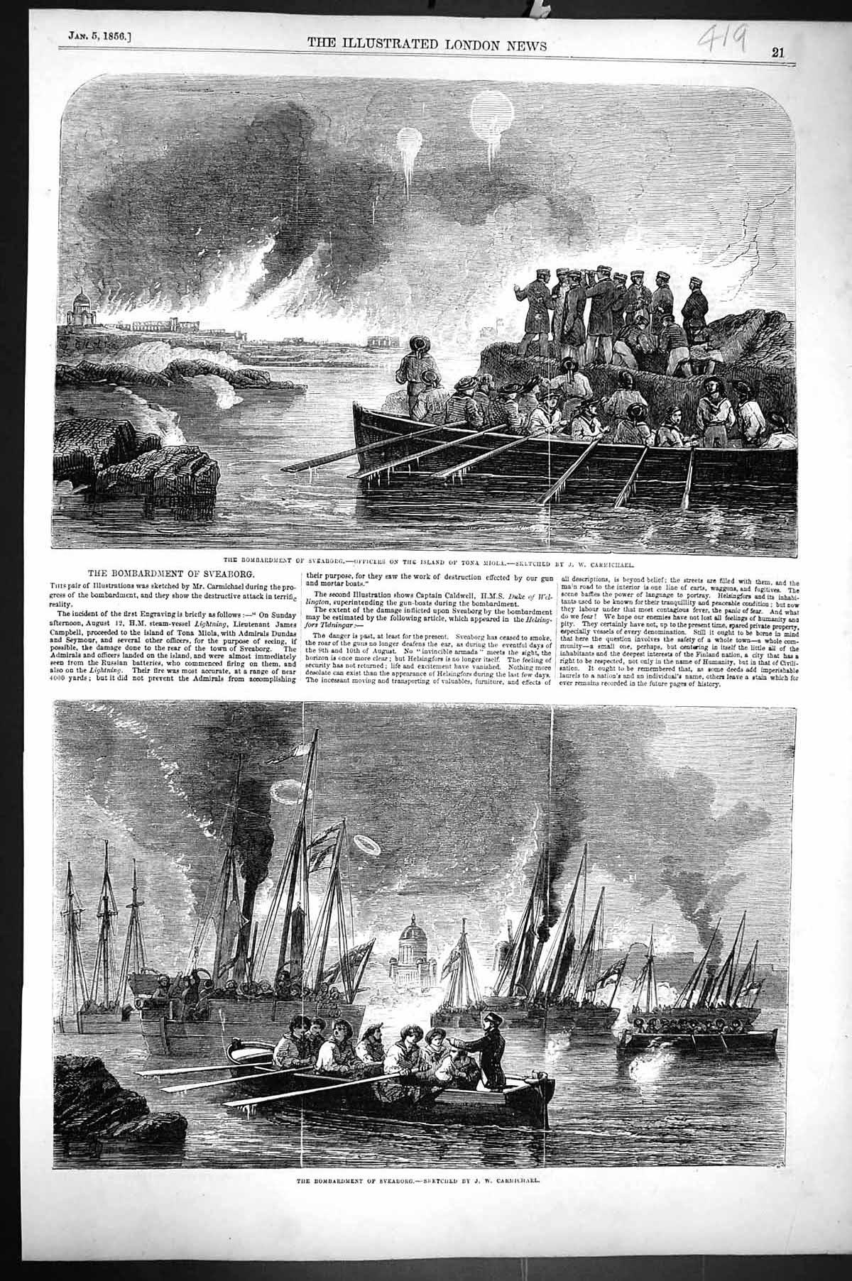 Old Print 1856 Bombardment Sveaborg Island Tona Miola War Ships Siers Bo 19th
