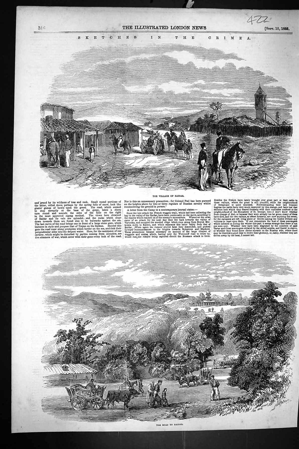 Old Print 1855 Crimea Village Baidar Seirs Horses Mountains Trees Transp 19th