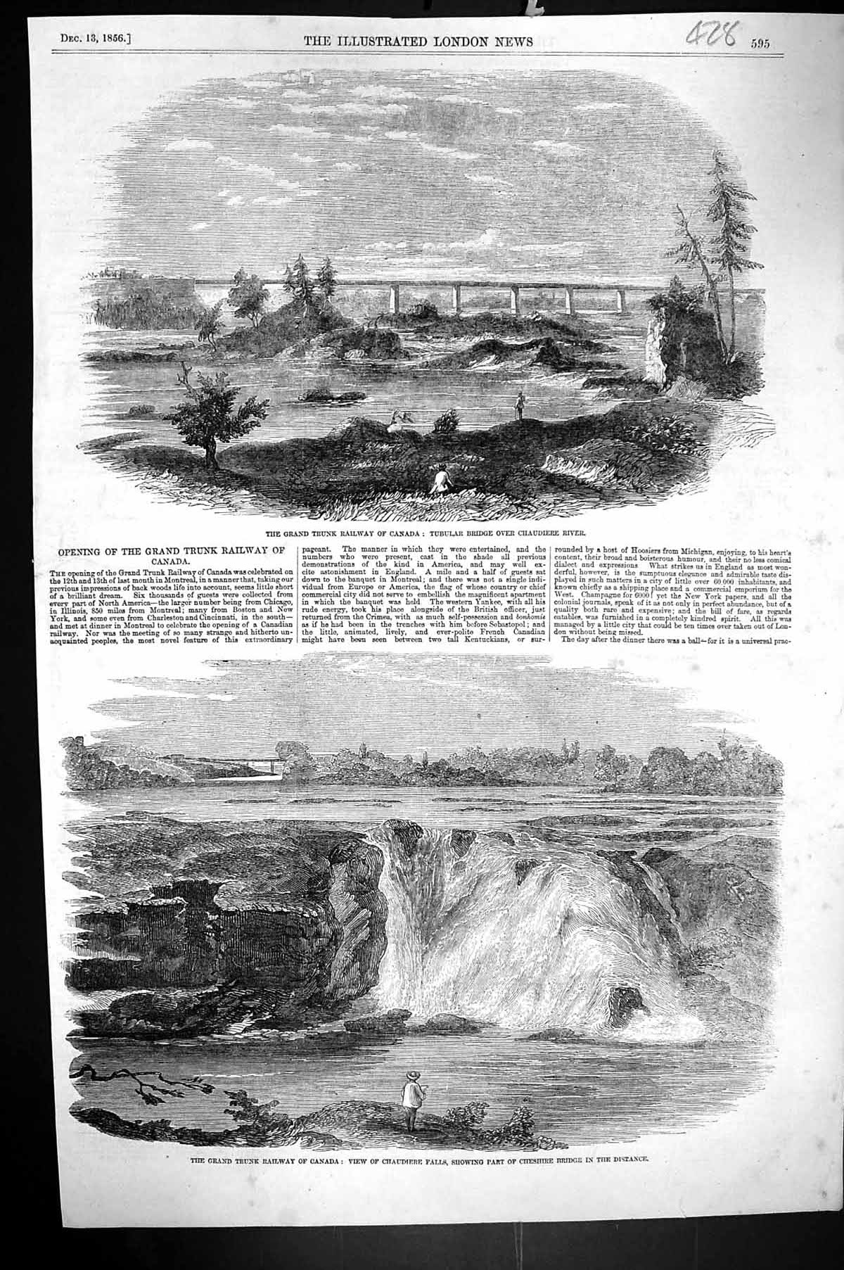 Old 1856 Trunk Railway Canada Tubular Bridge Chaudiere River Falls Ch Victorian