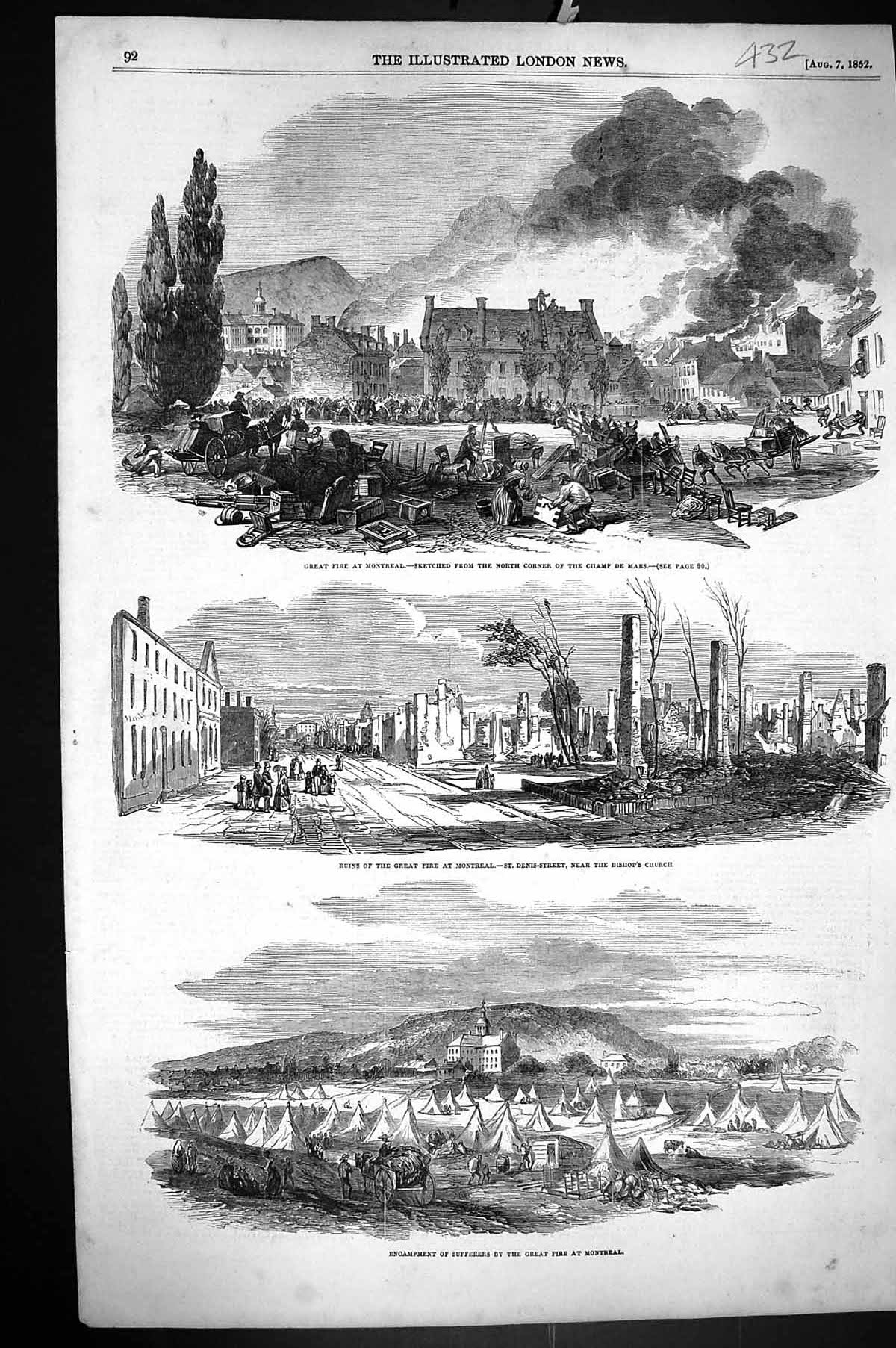Old 1852 Great Fire Montreal Champ De Mars Denis-Street Encampment Su Victorian