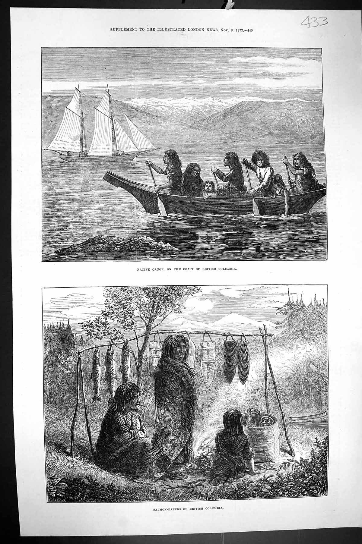 Old 1872 Native Canoe Coast British Columbia Salmon Eaters Fishing Bo Victorian