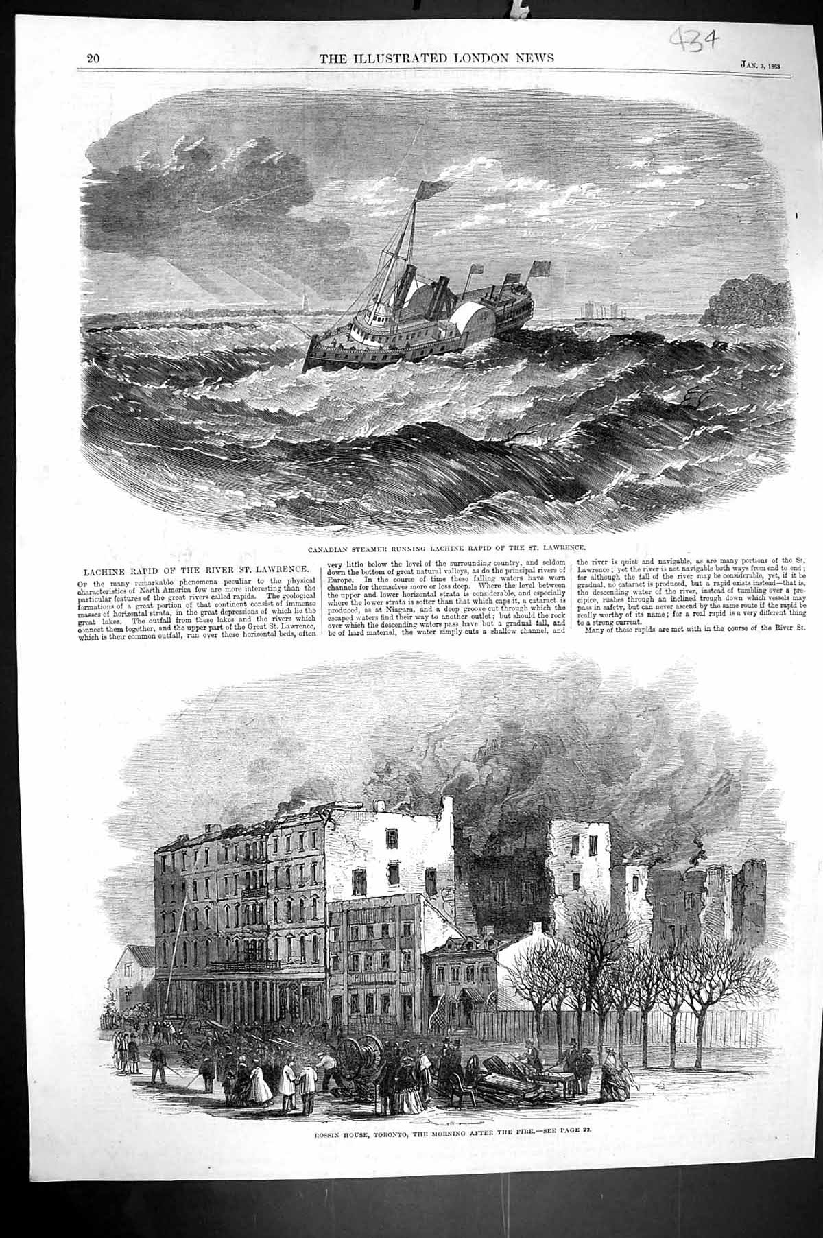 Old 1863 Canada Steamer Lachine Rapid St. Lawrence Rossin House Toron Victorian