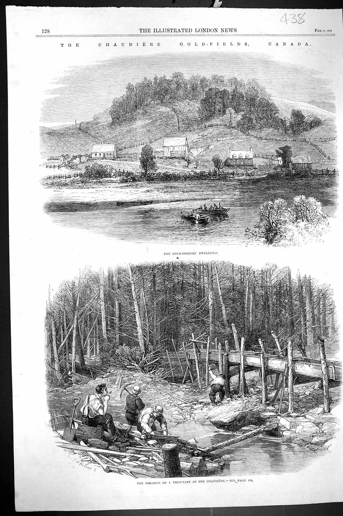 Antique Old Print 1864 Chaudiere GFields Canada Mining Diggings Tributary G-