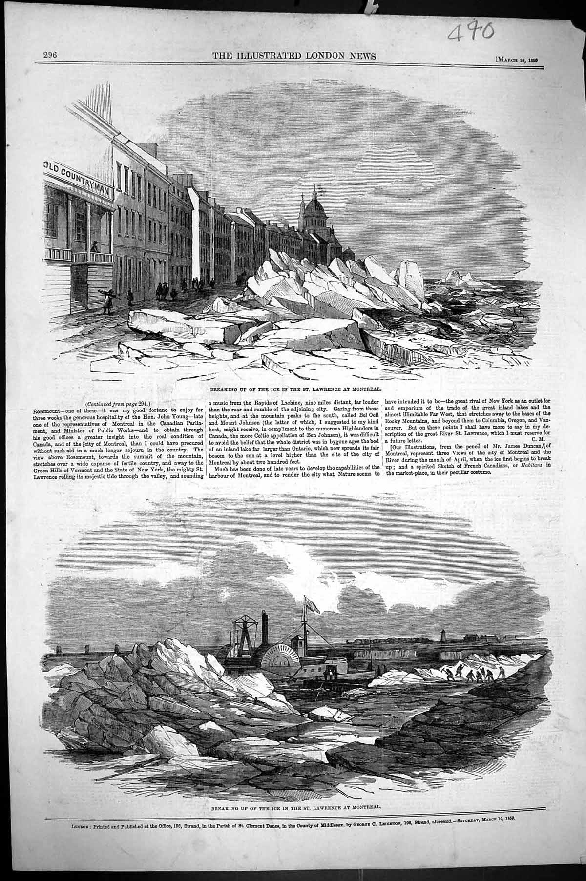 Antique Old Print 1859 Breaking Ice St. Lawrence River Montreal Boat Canada