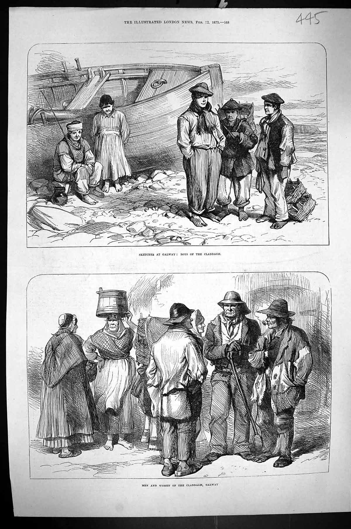 Original Old Antique Print 1873 Galway Ireland Boys Claddagh Men Women People