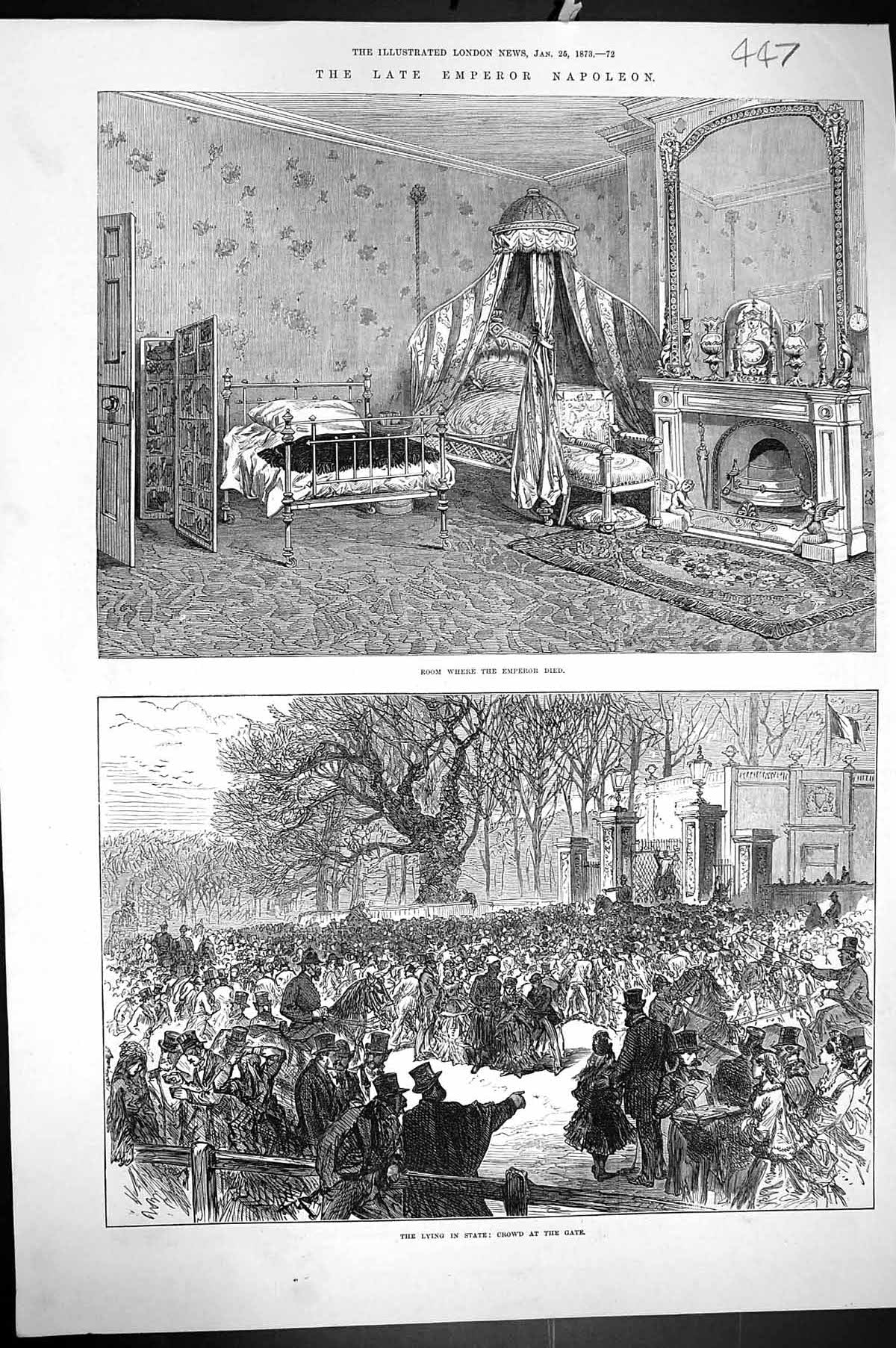 Original Old Antique Print 1873 Emperor Napoleon Bedroom Lying State Crowd Gate