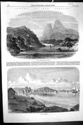 Original Old Antique Print 1869 New Zealand Bay Island Kawau Bay Mountains Ship