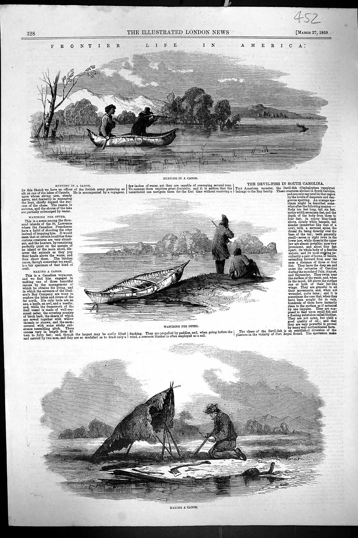 Old Antique Print 1858 Frontier Life America Hunting Canoe Otter Shooting 19th