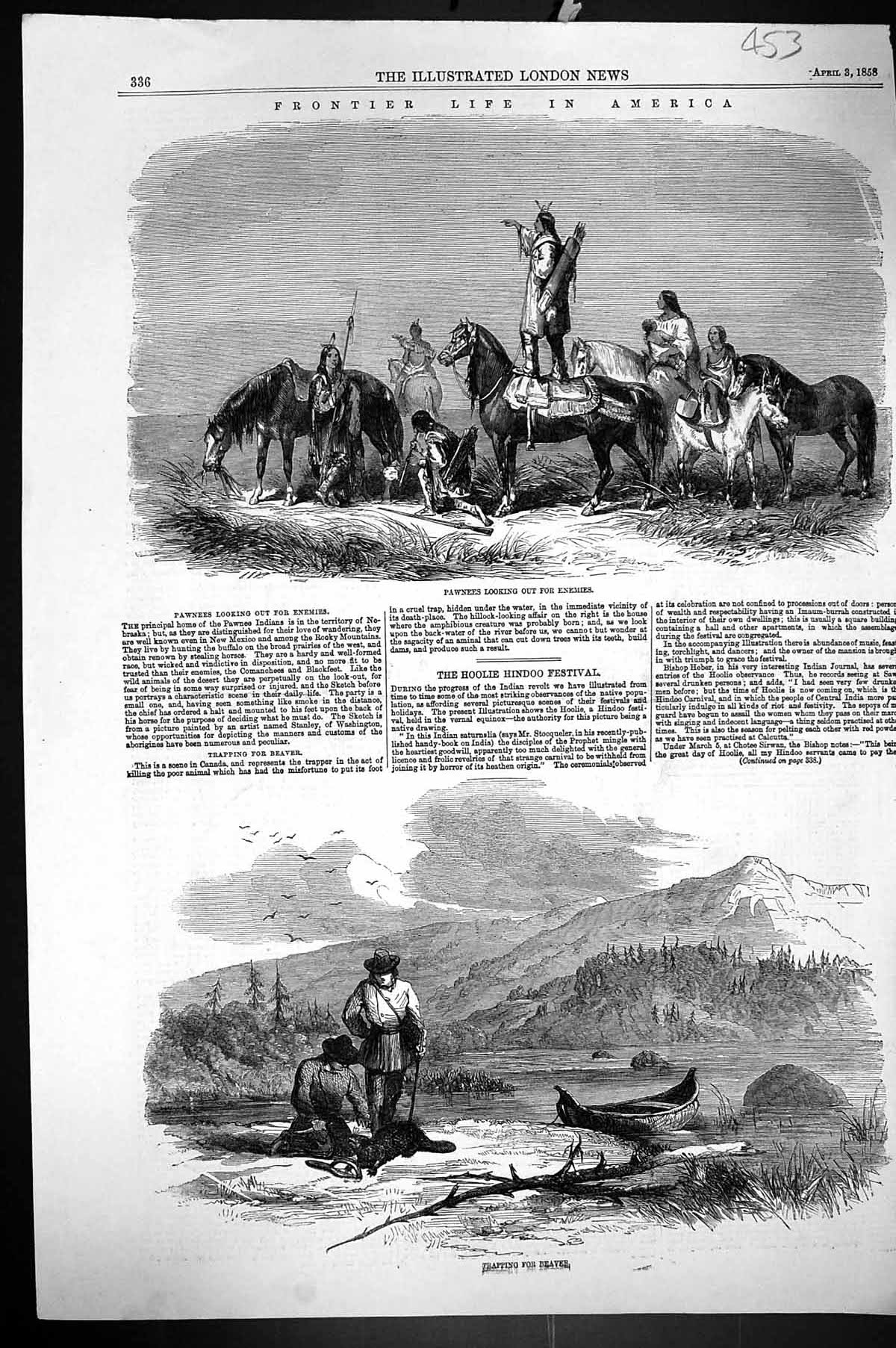 Old 1858 Frontier Life America Pawnees Trapping Beaver Hunting Horses Victorian