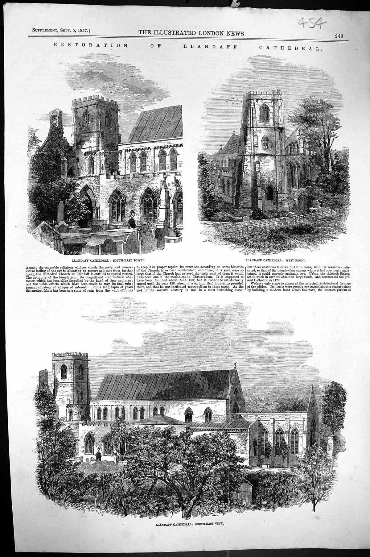 Old Antique Print 1857 Restoration Llandaff Cathedral Architecture Wales 19th