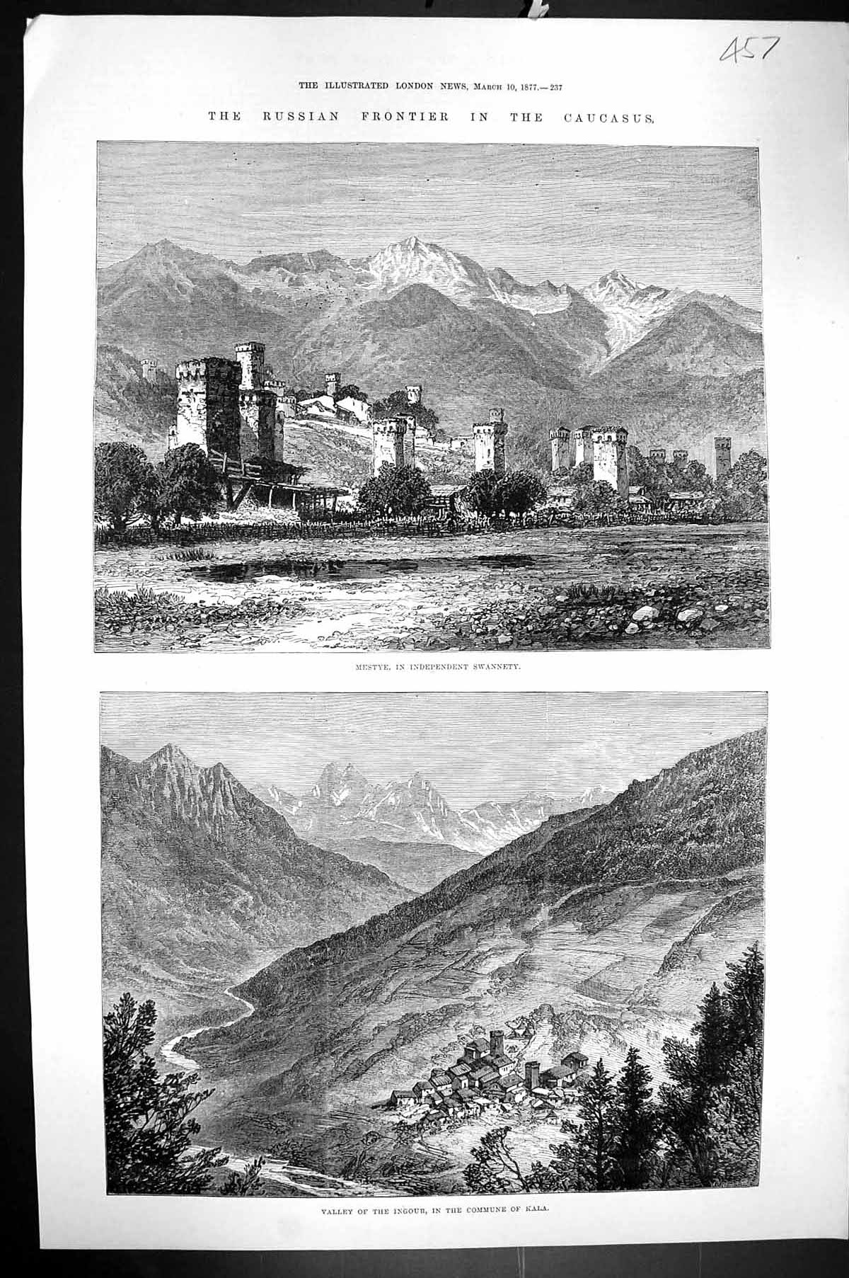 Old 1877 Russian Frontier Caucasus Mestye Swannety Valley Ingour Comm Victorian