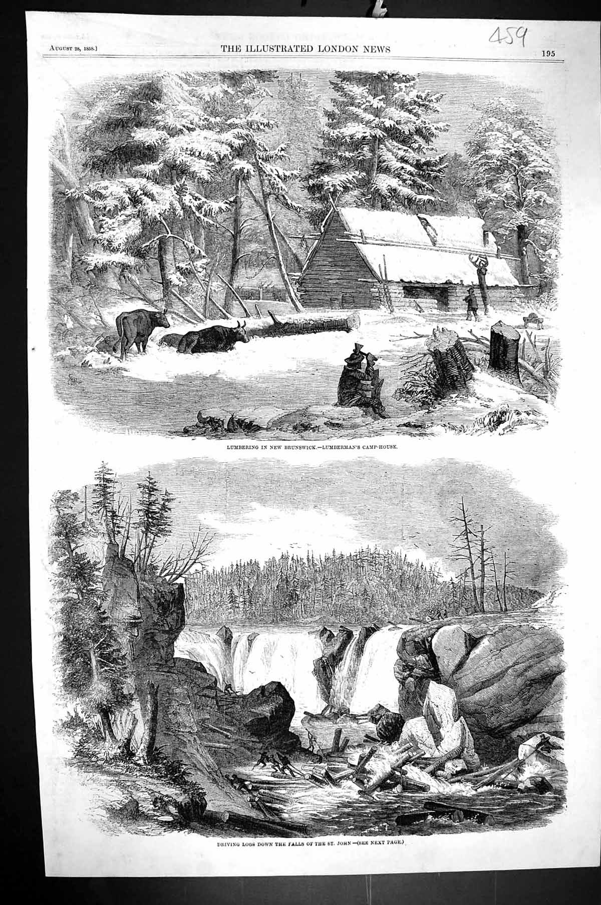 Old 1858 Lumbering New Brunswick Lumberman Camp House Driving Logs St Victorian