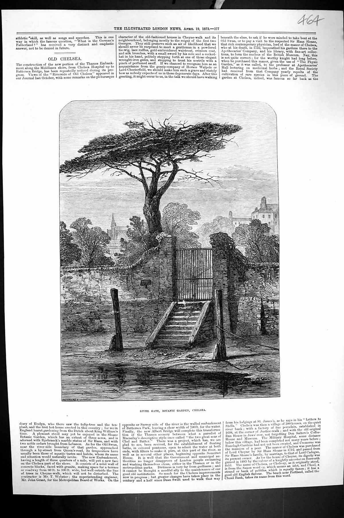 Original Old Antique Print 1873 River Gate Botanic Garden Chelsea England 19th