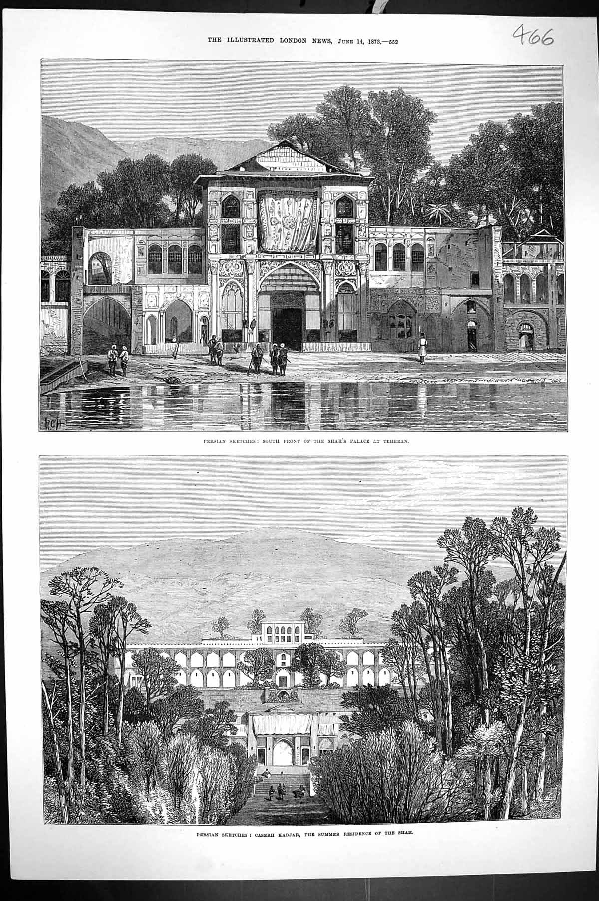 Old 1873 Persian Sketch Shah Palace Teheran Caserh Kadjar Summer Resi Victorian