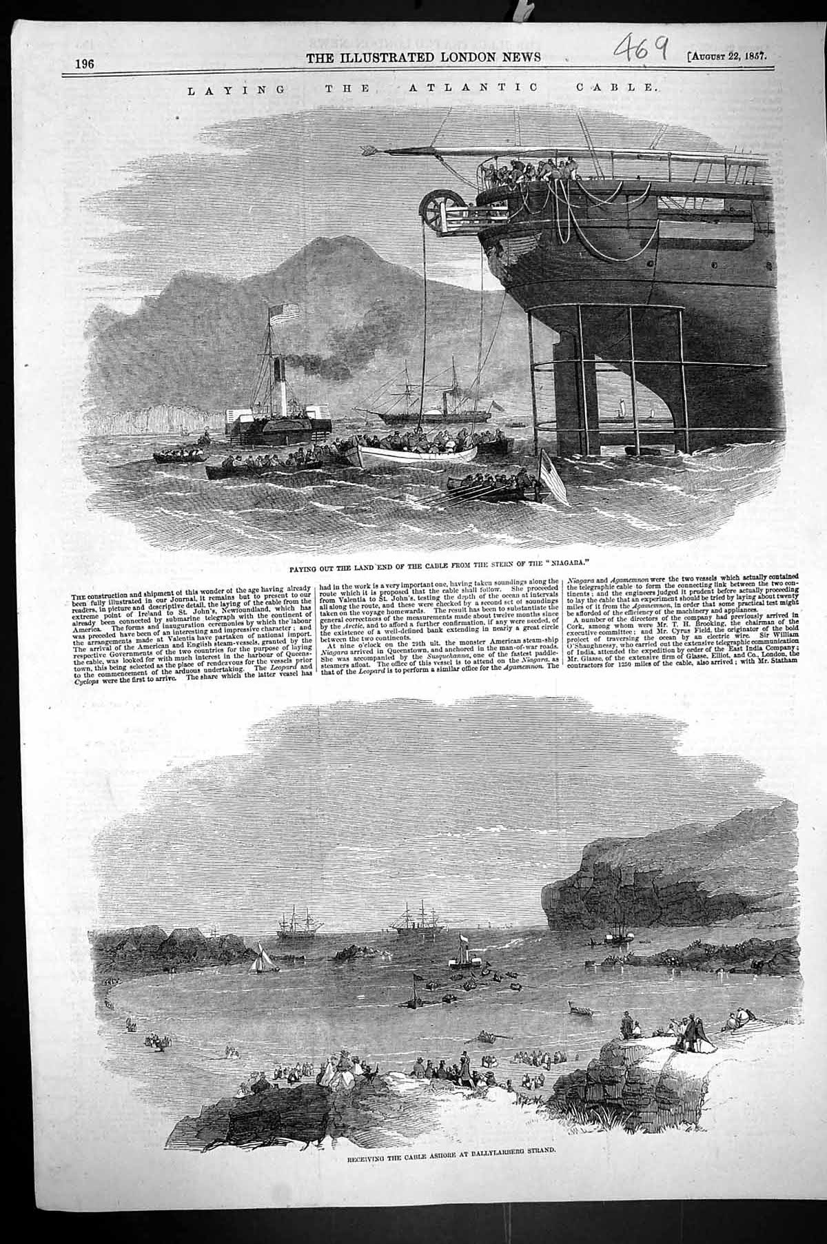 Old 1857 Laying Atlantic Telegraph Cable Stern Ship Niagara Ballylarb Victorian