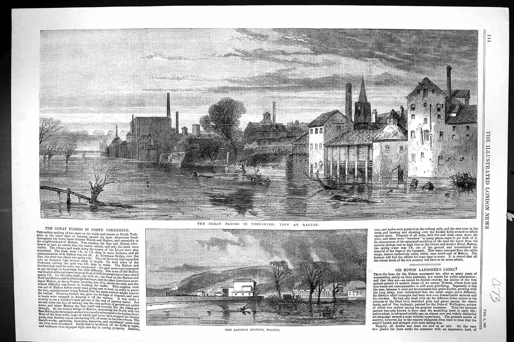 Antique Old Print 1867 Great Floods Yorkshire Malton Railway Station England