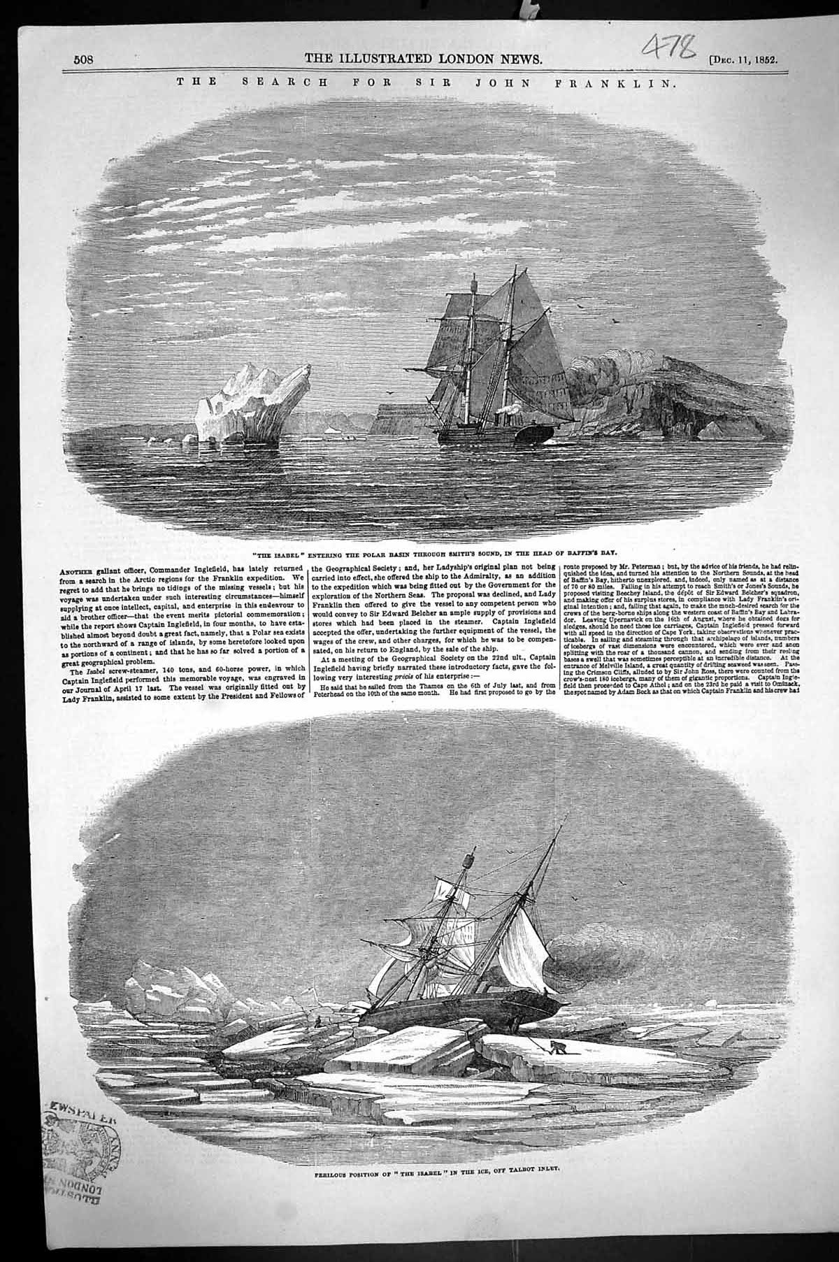 Old 1852 John Franklin Isabel Ship Polar Basin Smith'S Souns Baffin'S Victorian