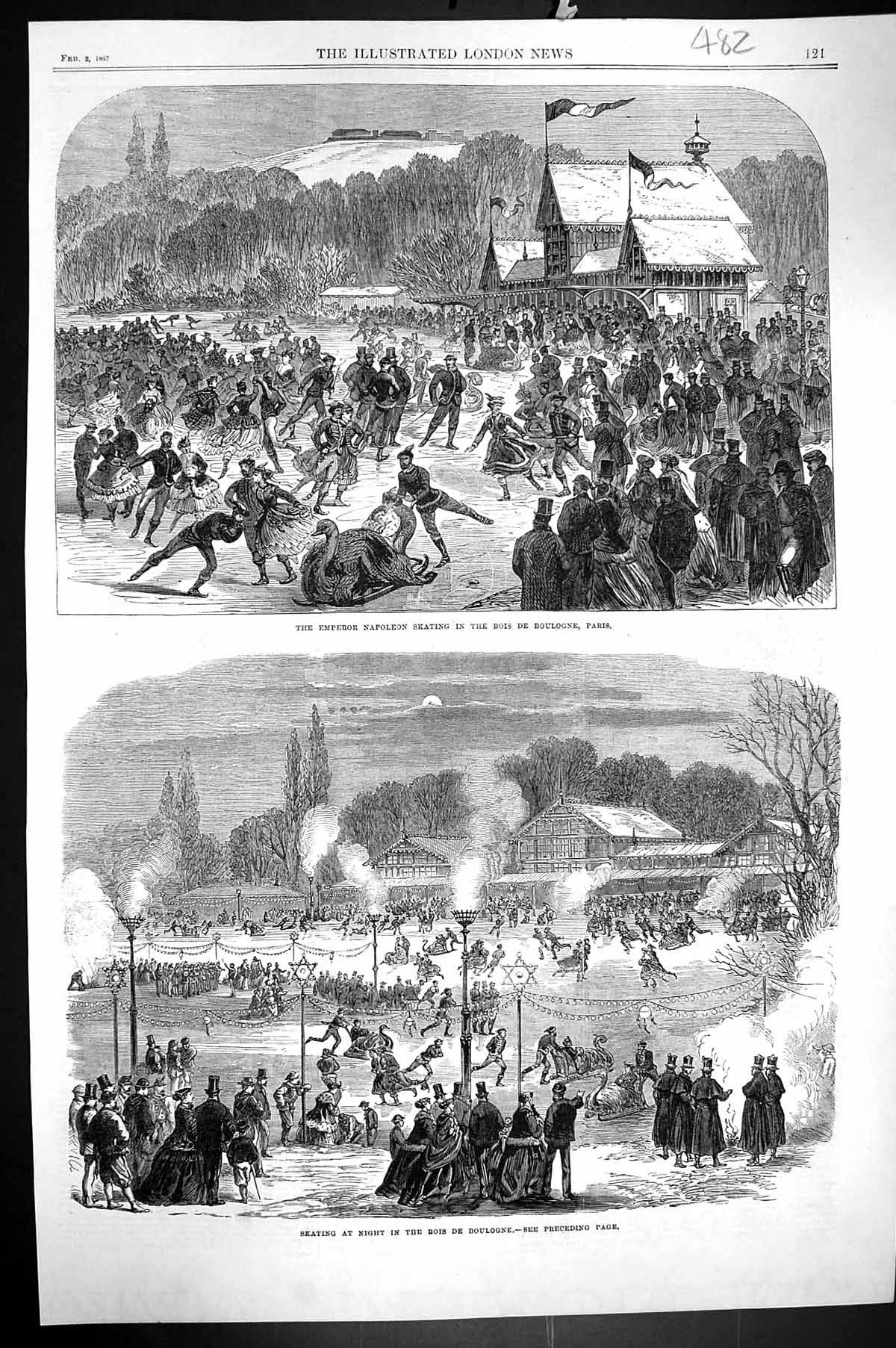 Old Print 1867 Emperor Napoleon Ice Skating Bois De Boulogne Paris France 19th