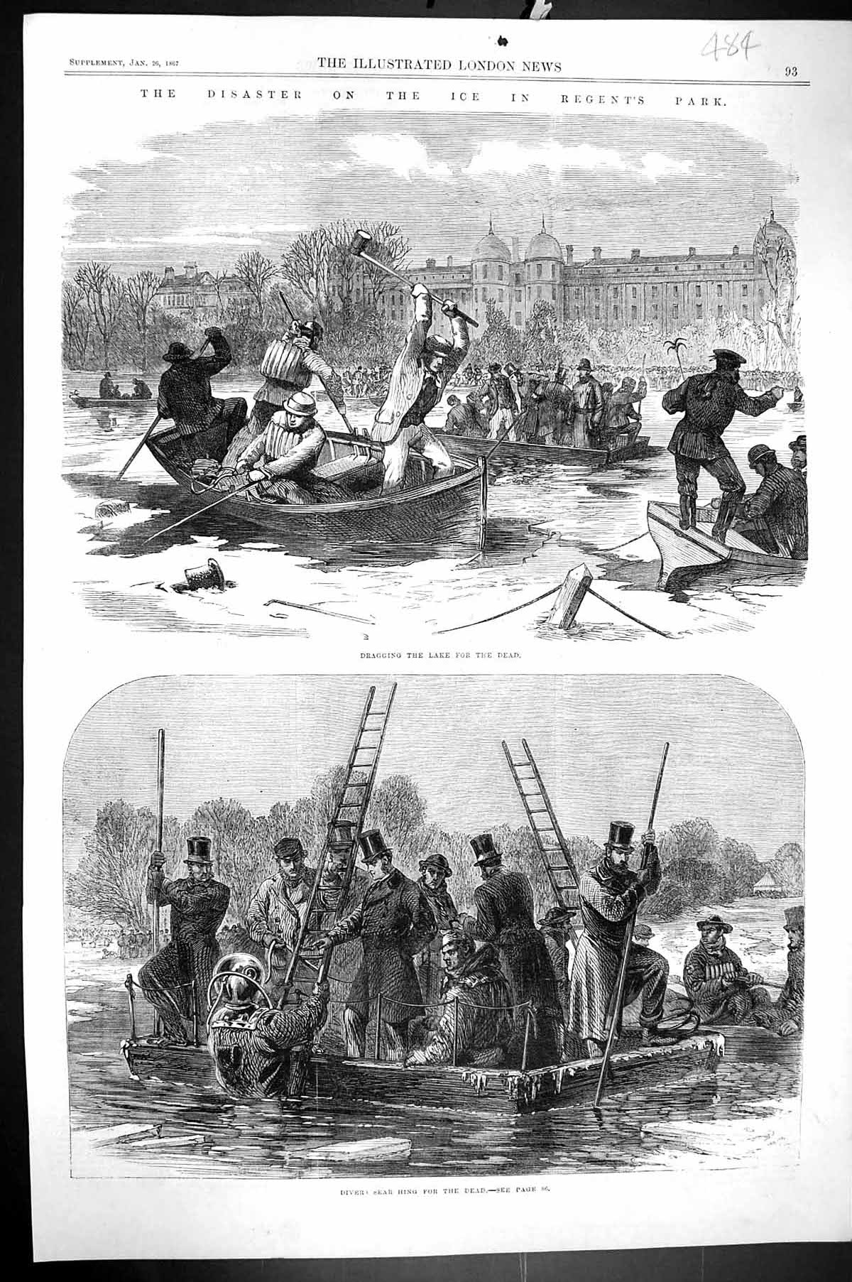 Old 1867 Disaster Ice Regent'S Park Diver Boats Dragging Lake Dead Bo Victorian