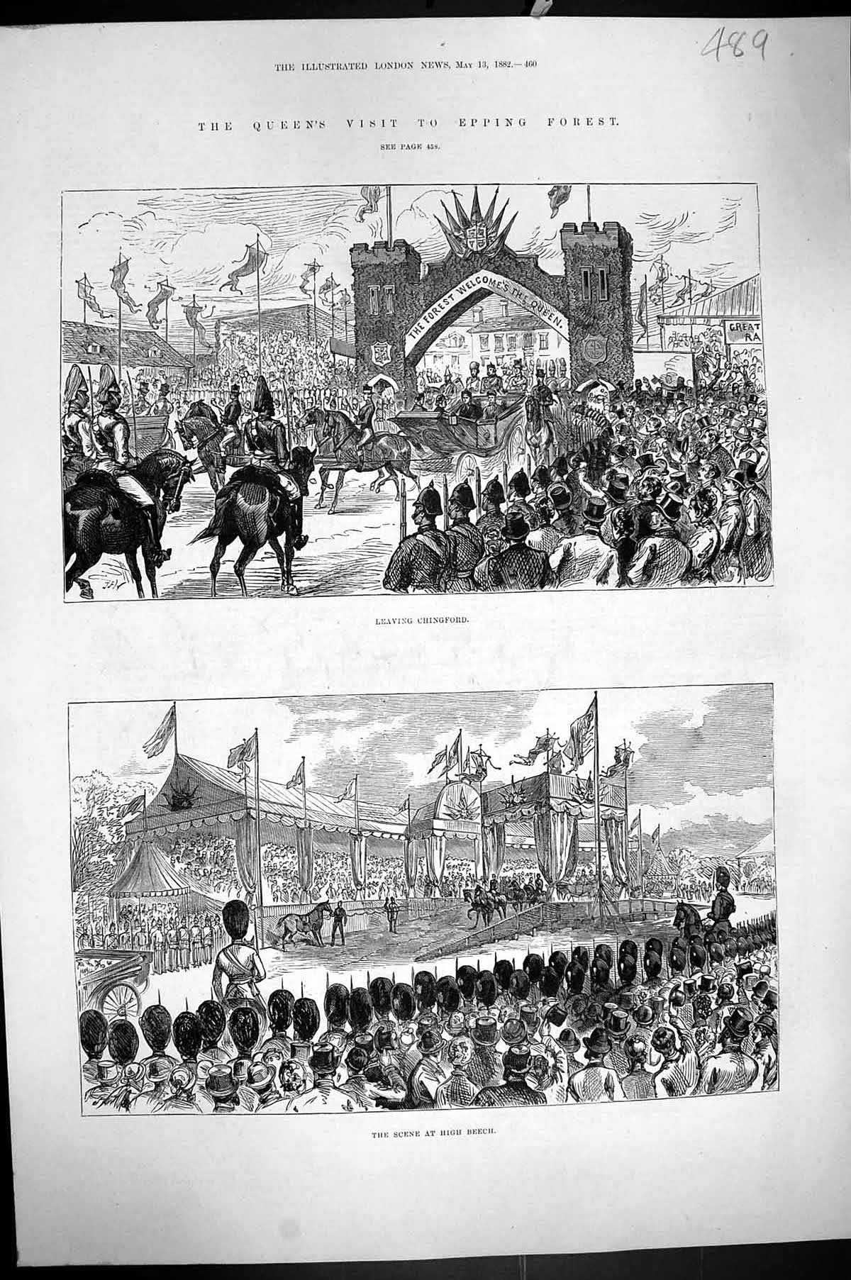 Old Print 1882 Queen Visit Epping Forest Chingford High Beech Siers Guar 19th