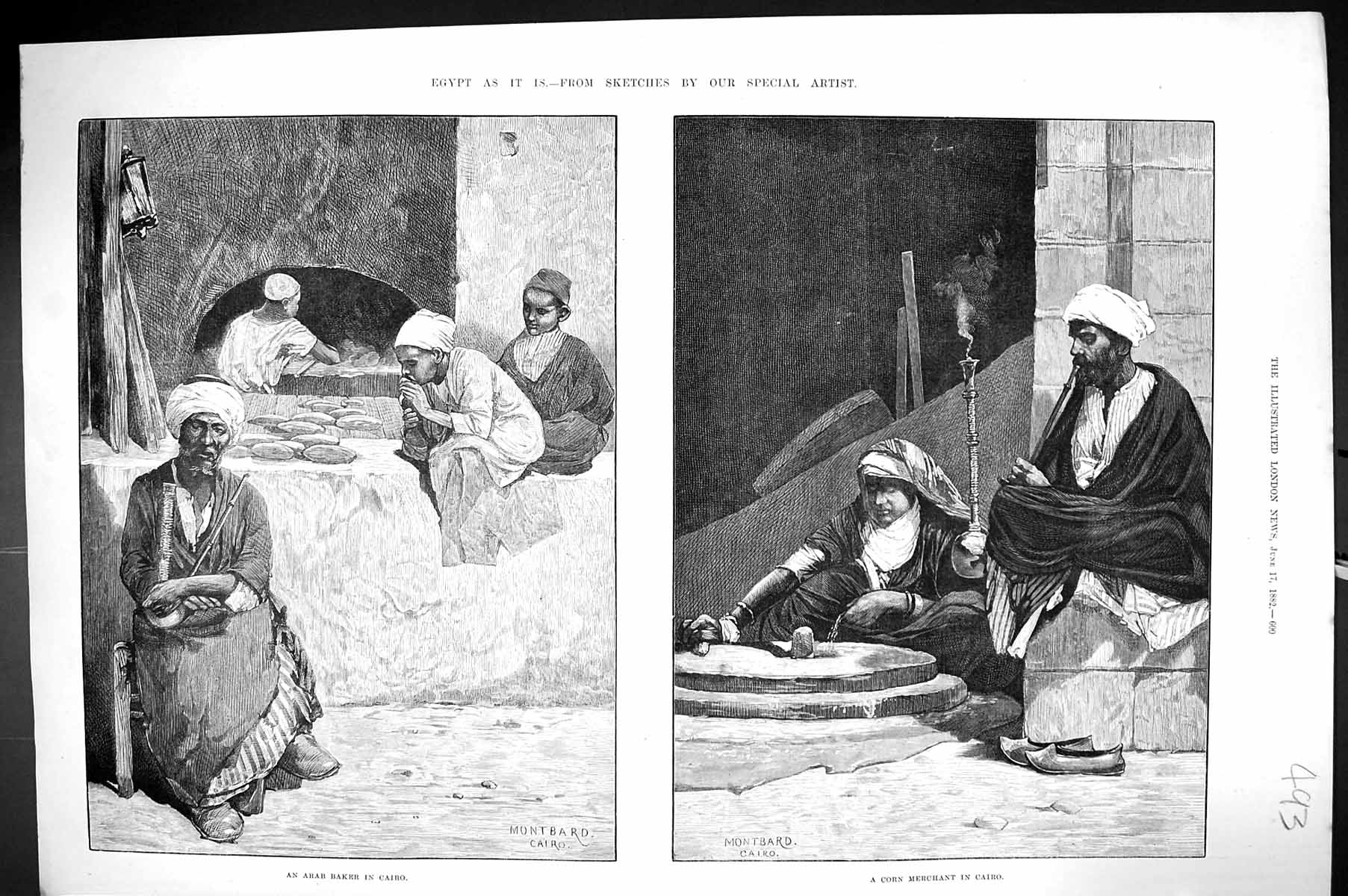 Original Old Antique Print 1882 Egypt Corn Merchant Cairo Arab Baker Montbard
