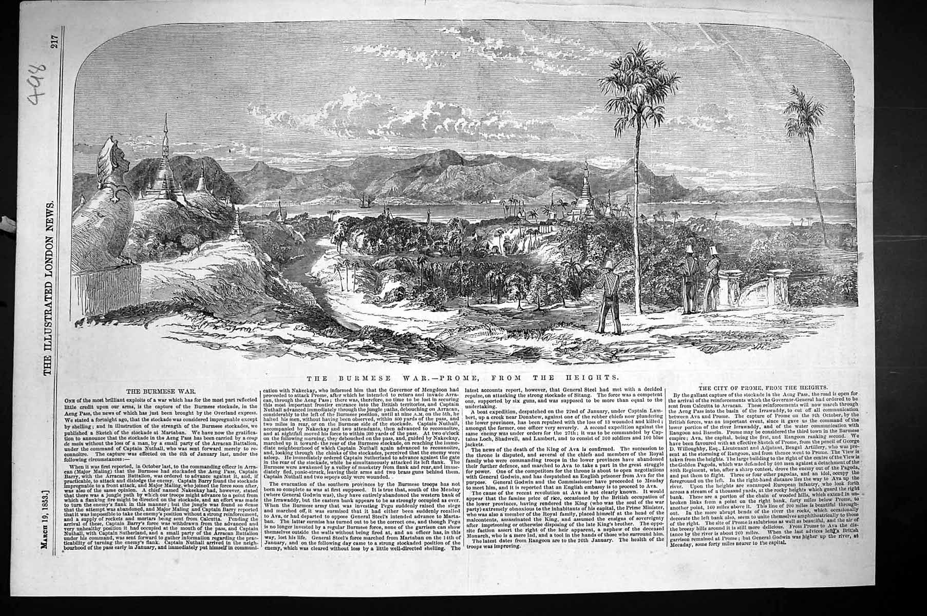 Original Old Antique Print 1853 Burmese War View Prome Aeng Pass Mountains 19th
