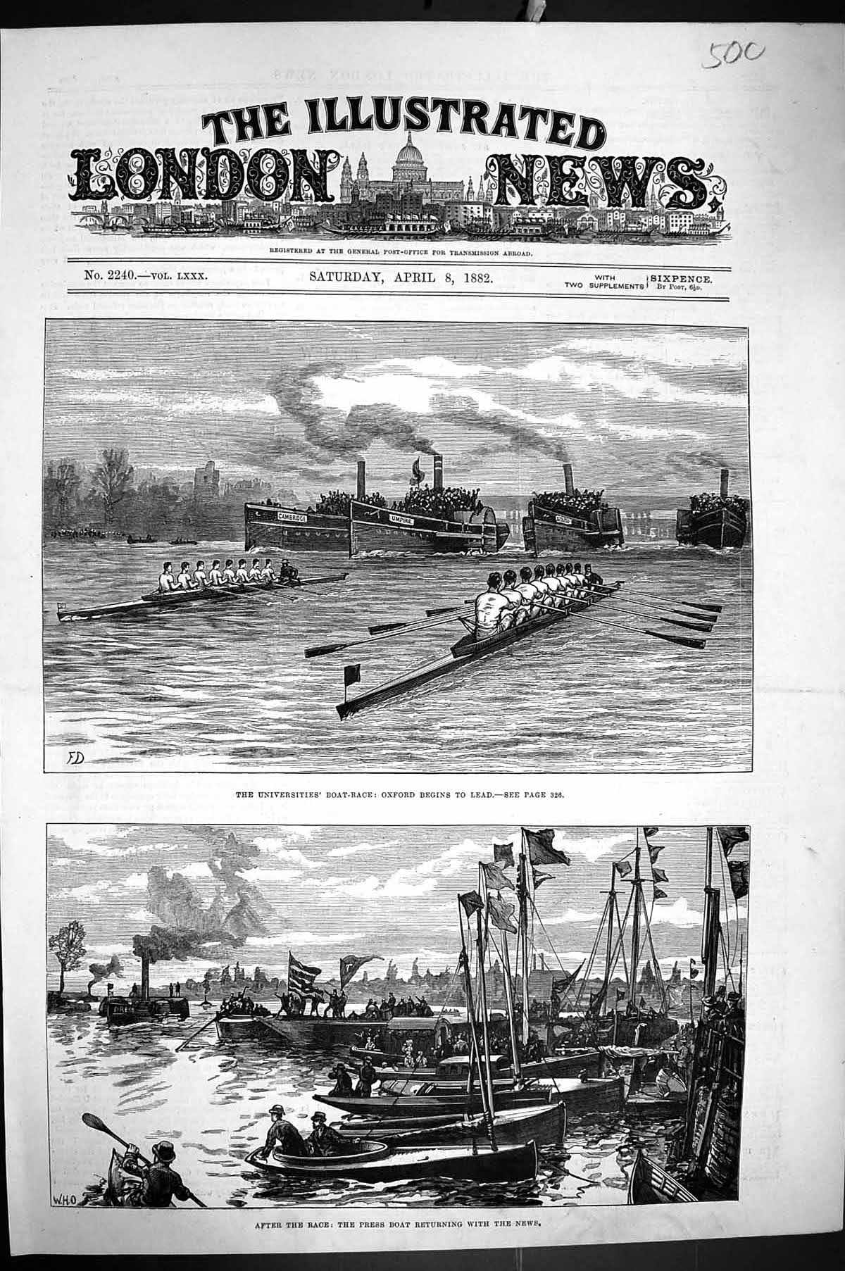 Original Old Antique Print 1882 University Boat Race Oxford Cambridge Press
