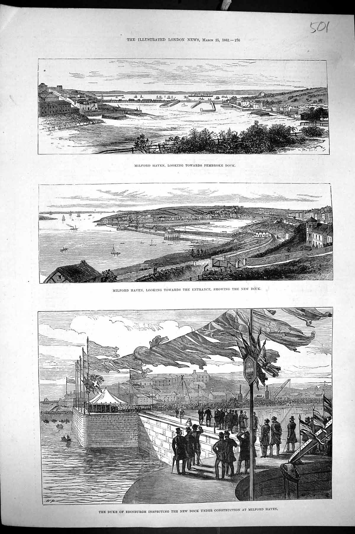 Old Antique Print 1882 Duke Edinburgh Dock Milford Haven Pembroke Ships 19th