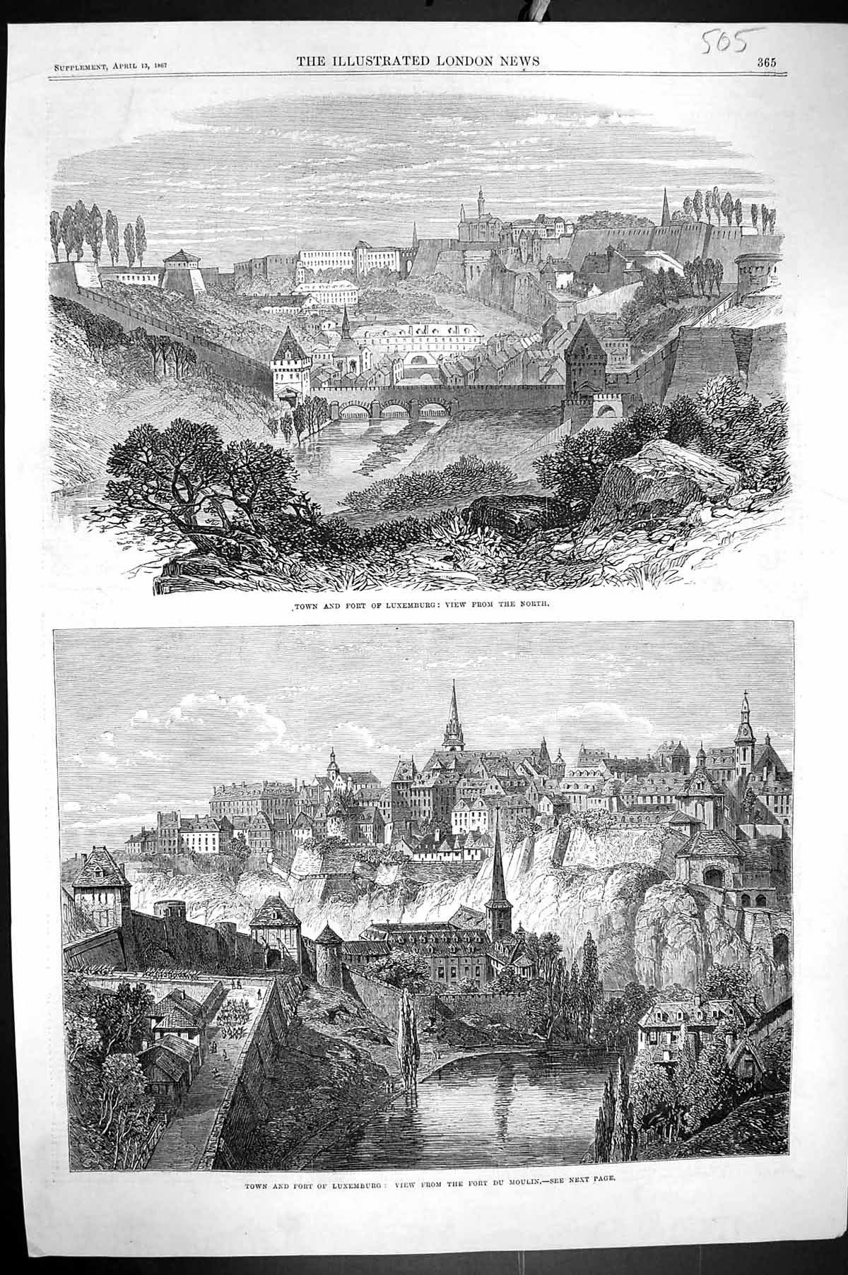 Original Old Antique Print 1867 Town Fort Luxemburg View Du Moulin Architecture