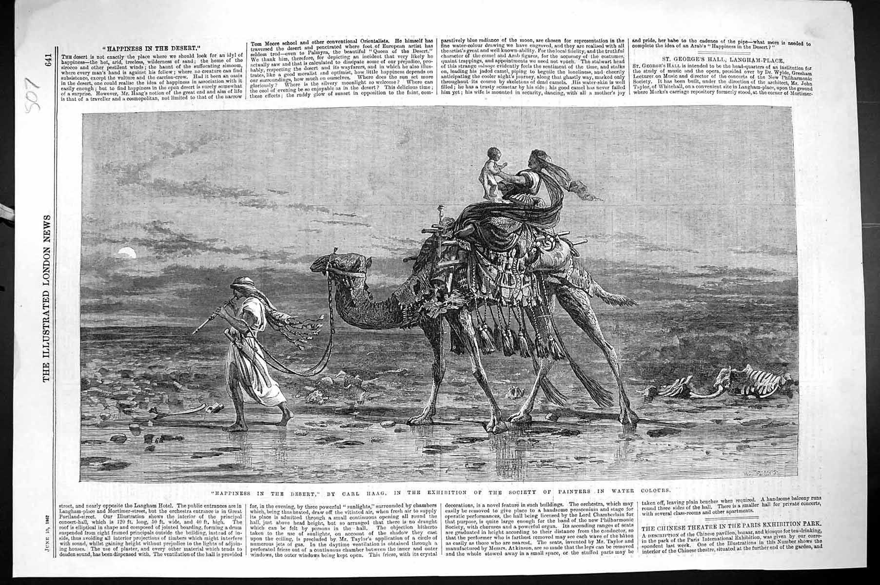 Original Old Antique Print 1867 Happiness Desert Carl Haag Camel Family Music