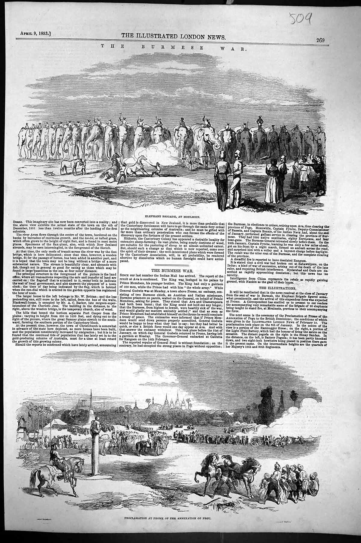 Old 1853 Elephant Brigade Moulmein Burmese War Proclamation Prome Peg Victorian