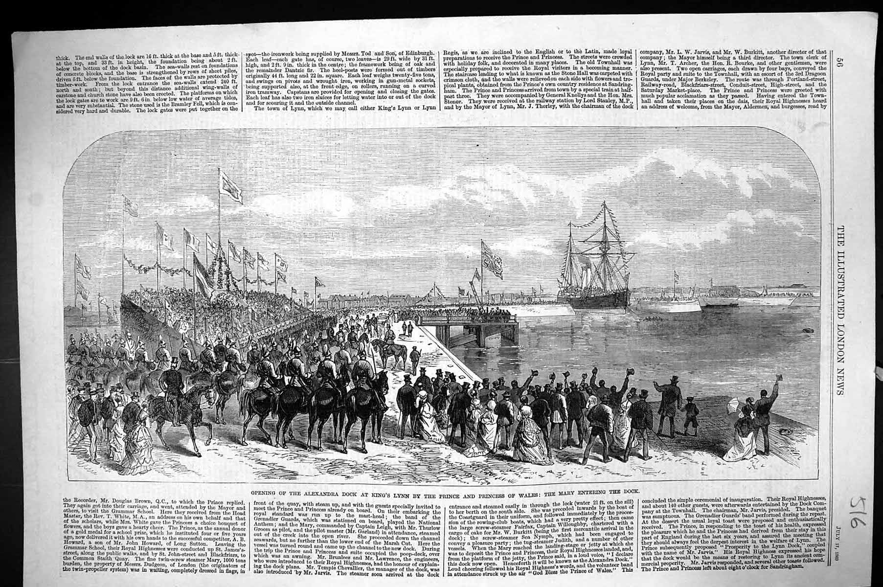Old Print 1869 Opening Alexandra Dock King'S Lynn Prince Wales Mary Ship 19th