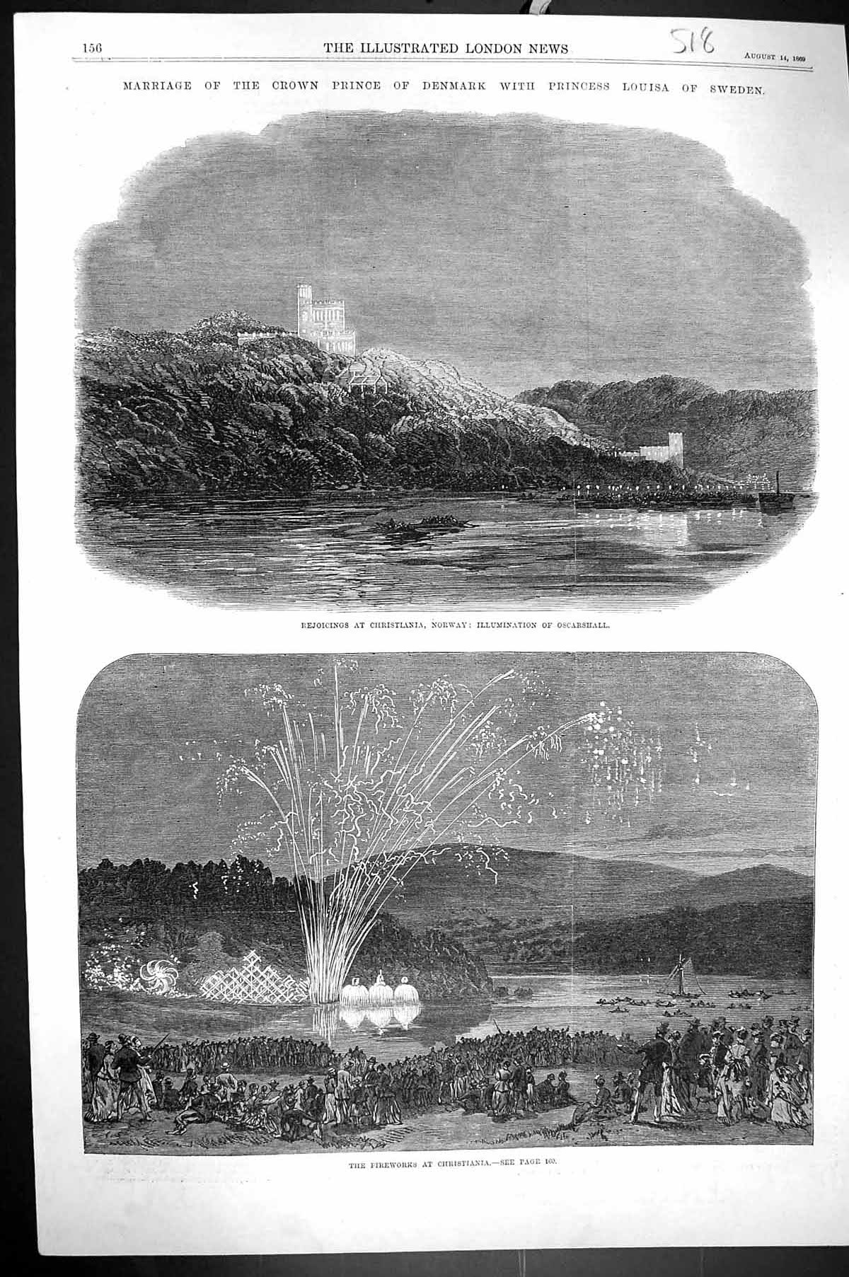 Old 1869 Wedding Prince Denmark Princess Louisa Sweden Fireworks Chri Victorian