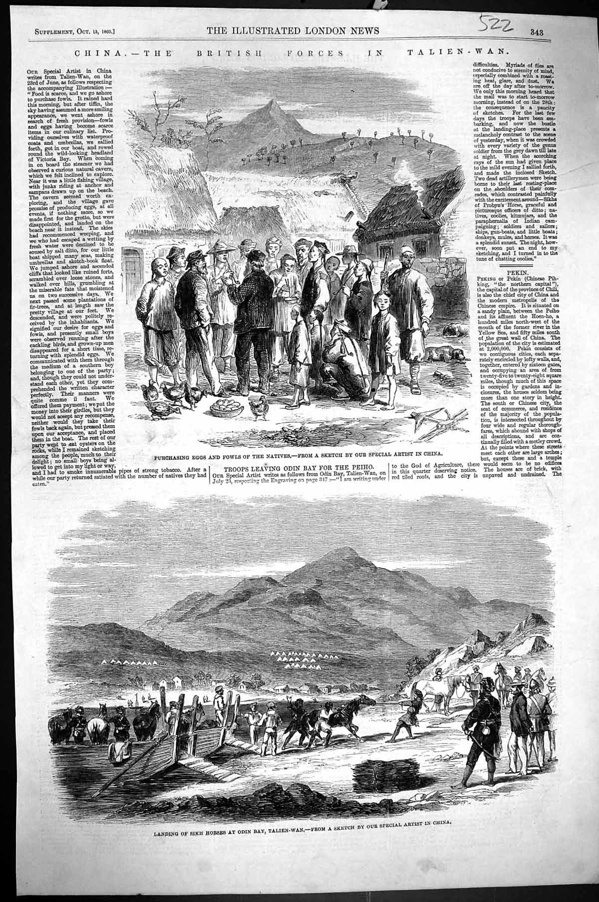 Old 1860 China Talien-Wan Sikh Horses Odin Bay Purchasing Eggs Fowls Victorian