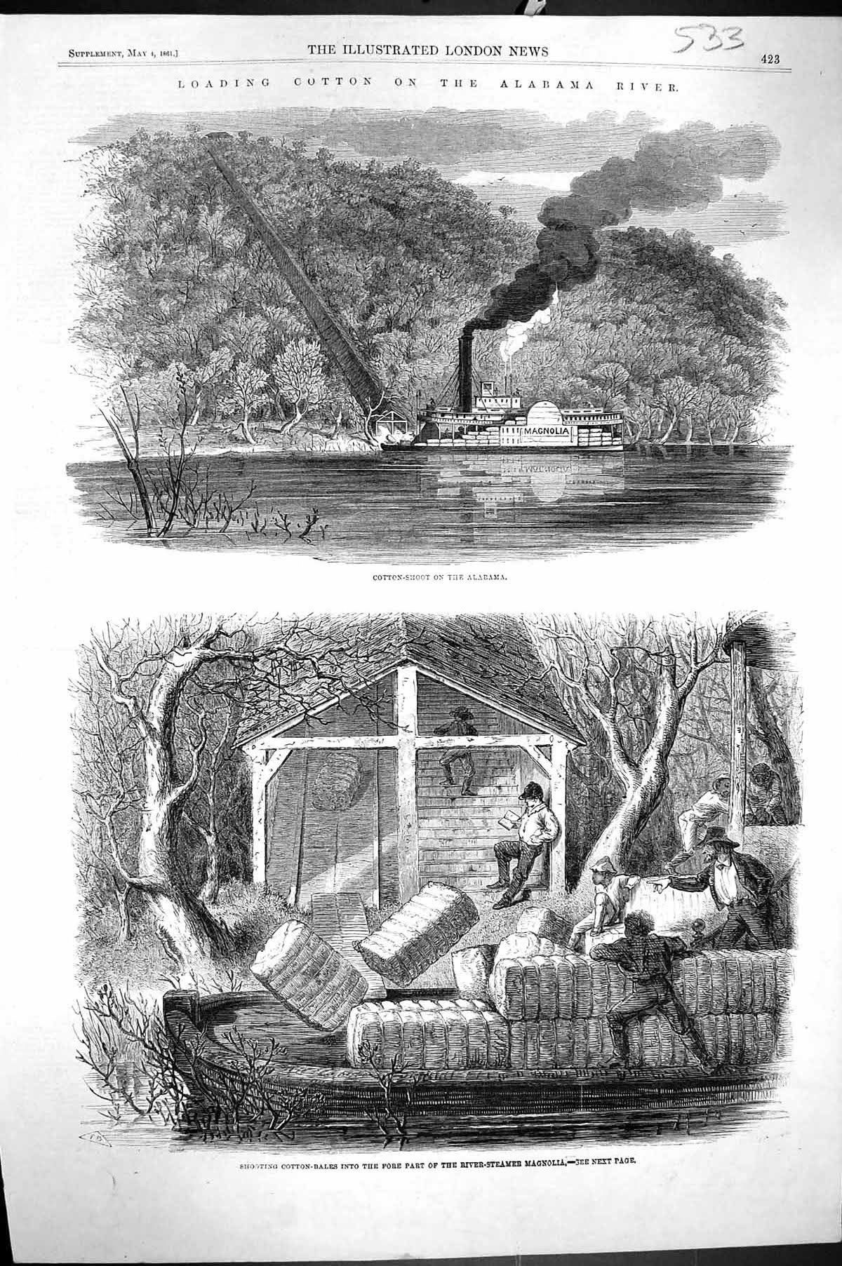 Old 1861 Loading Cotton Alabama River Shooting Cotton-Bales River Ste Victorian