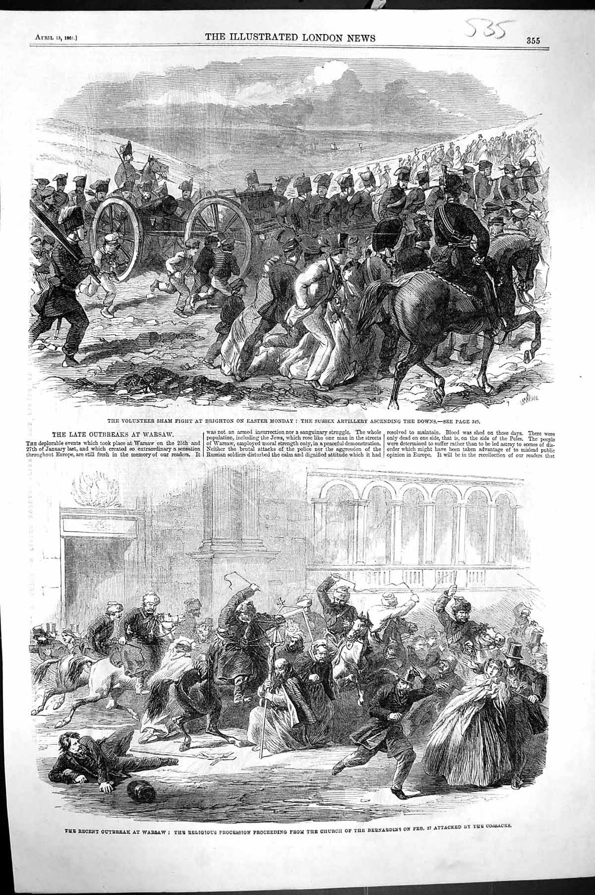 Old 1861 Volunteer Sham Fight Brighton Sussex Artillery Warsaw Church Victorian