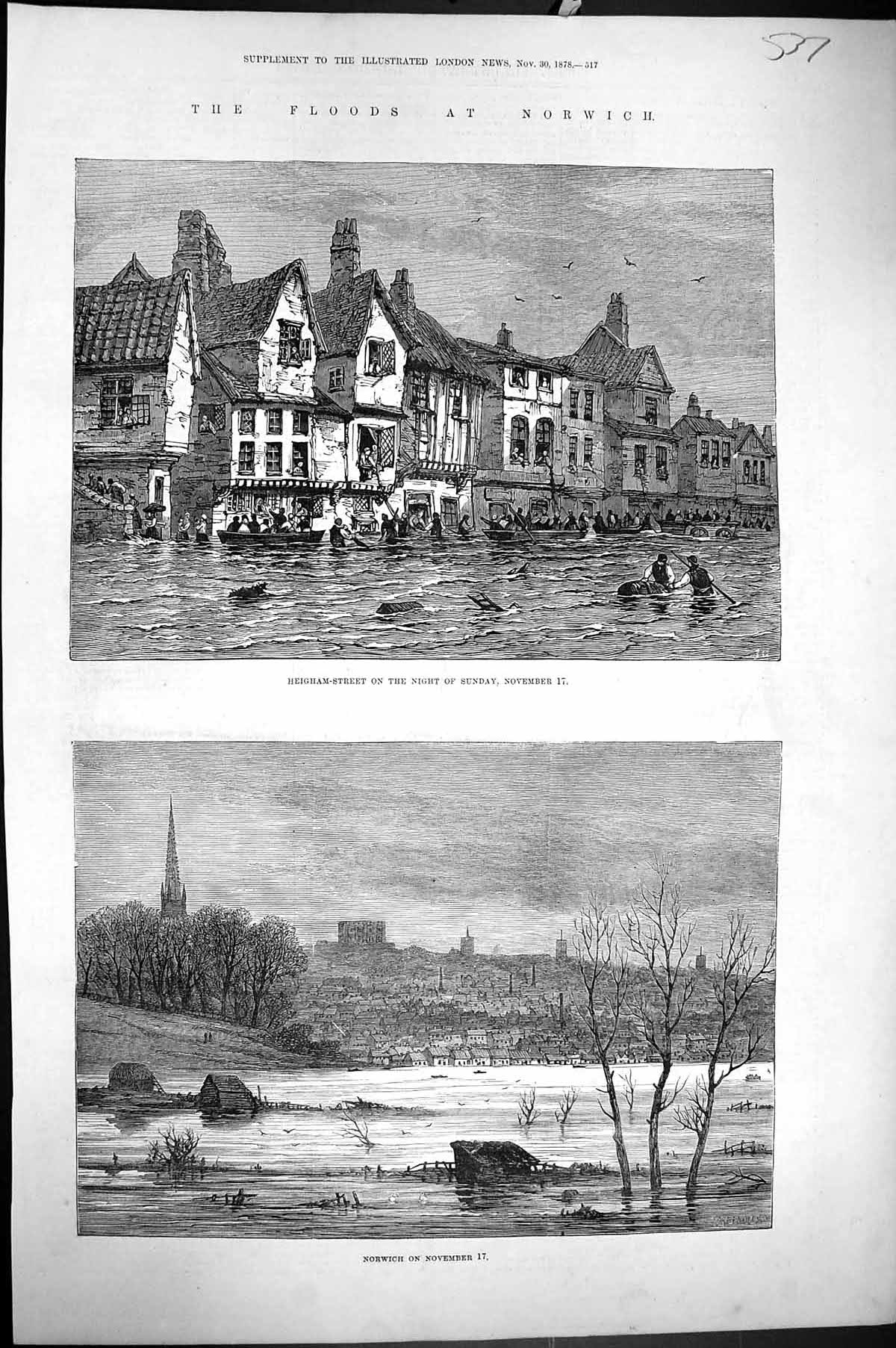 Old Print 1878 Floods Norwich Heigham Street Houses Architecture England 19th