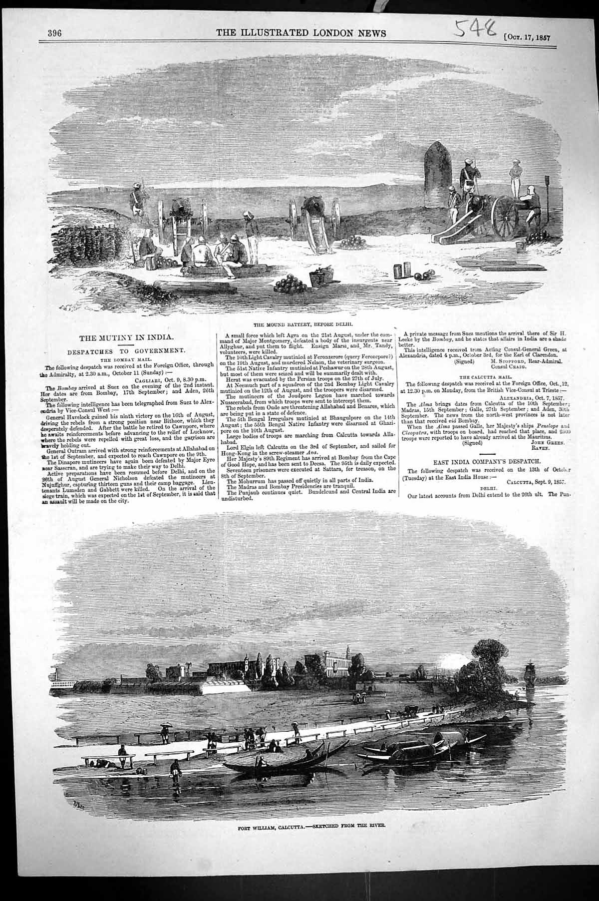 Original Old Antique Print 1857 Mound Battery Delhi India Fort William Calcutta